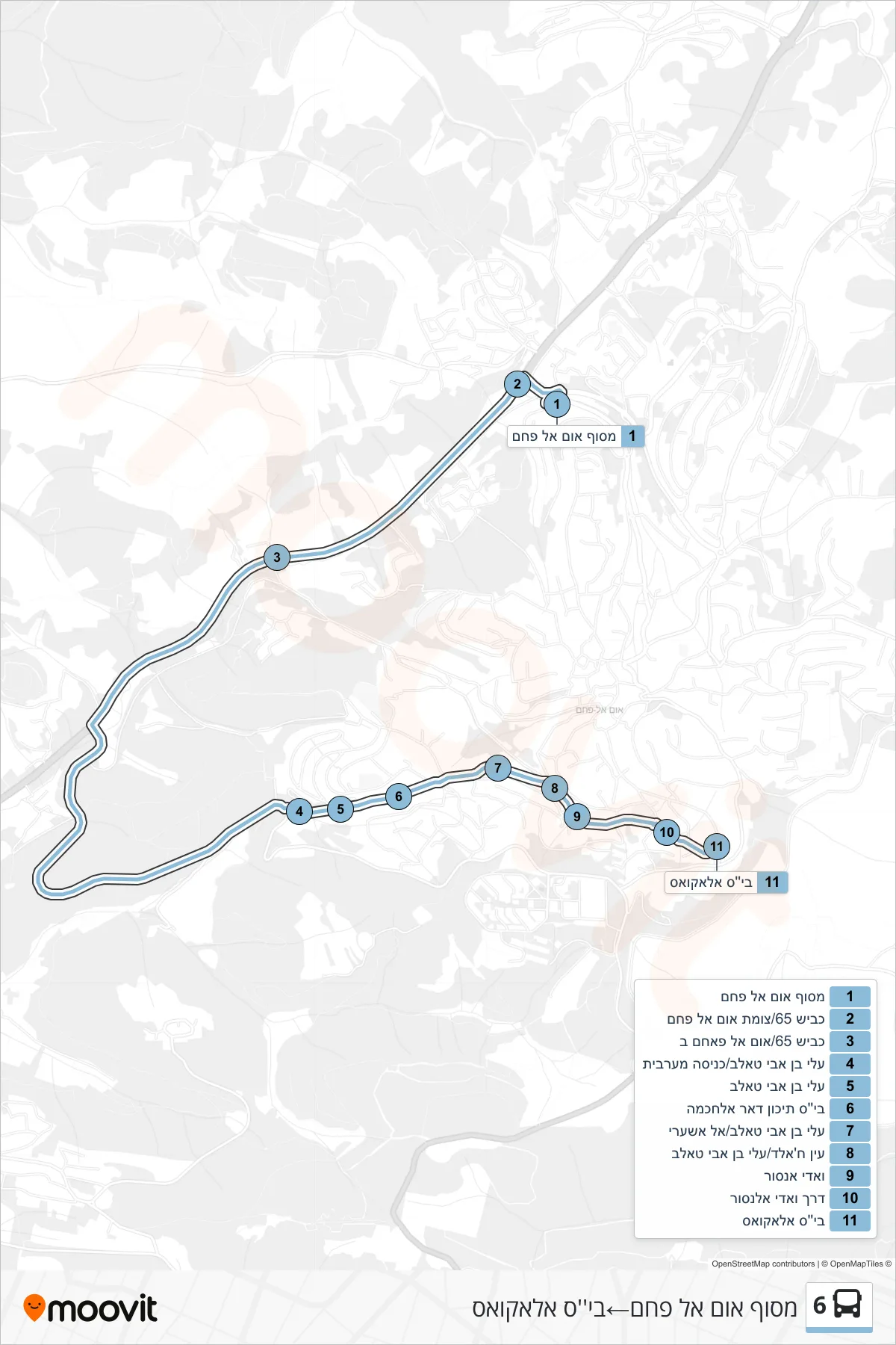6 bus Line (Um al-Fahm Terminal‎→Al-Aqsa School) route and stops on a map