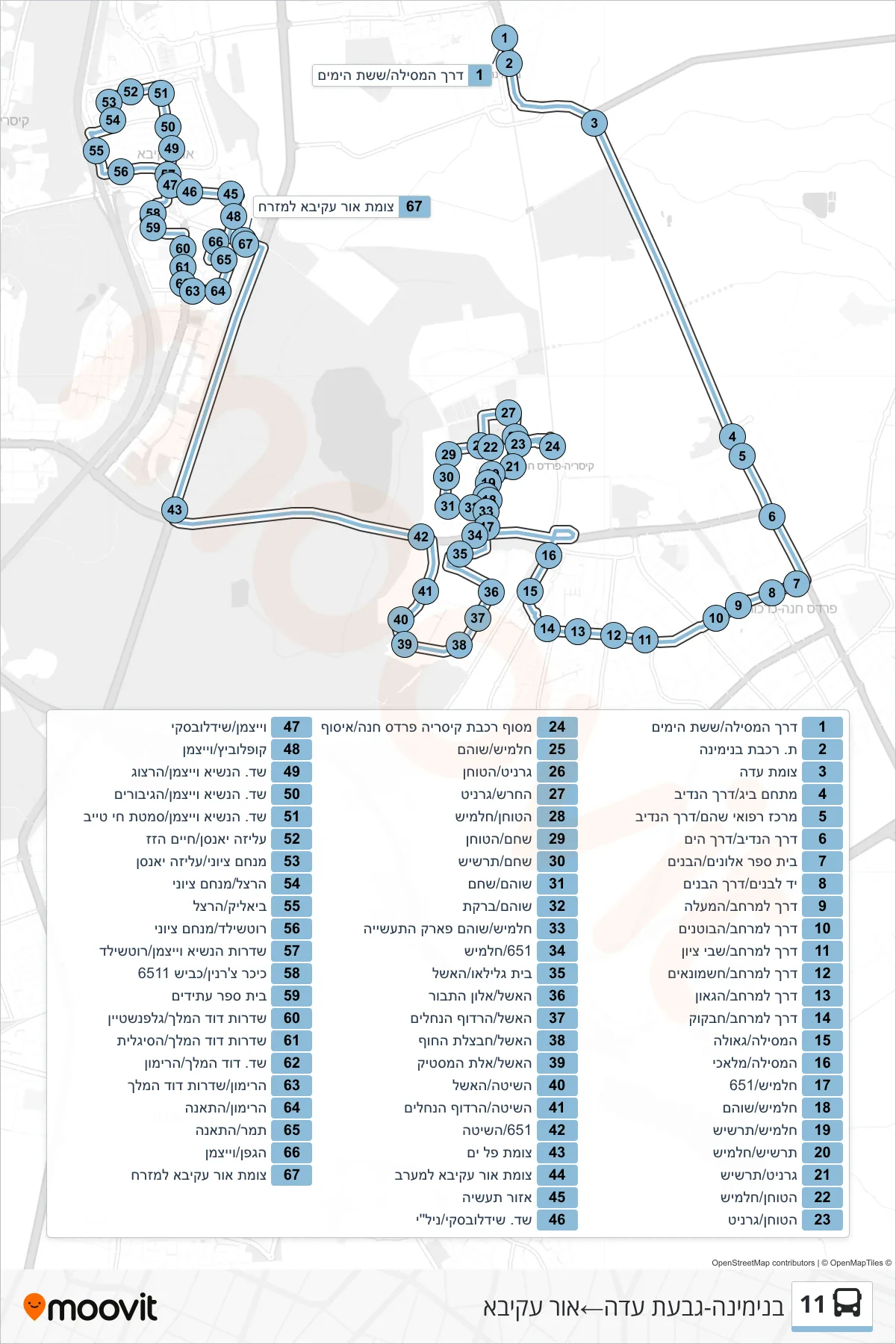 11 bus Line (Binyamina-Givat Ada‎→Or Akiva) route and stops on a map