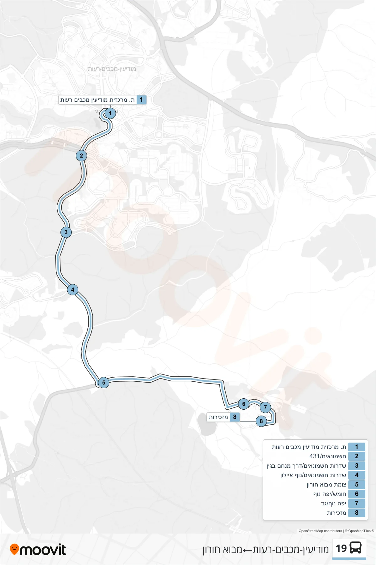 19 bus Line (Modi'in-Maccabim-Re'ut‎→Mevo Horon) route and stops on a map