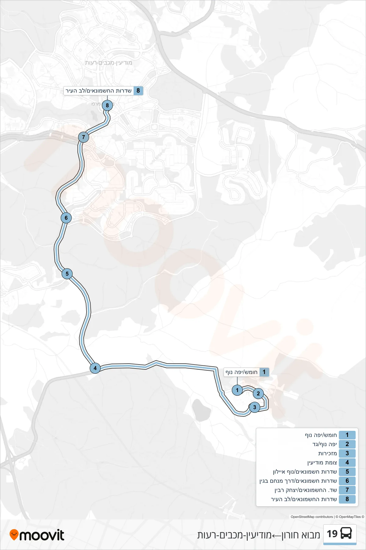 19 bus Line (Mevo Horon‎→Modi'in-Maccabim-Re'ut) route and stops on a map