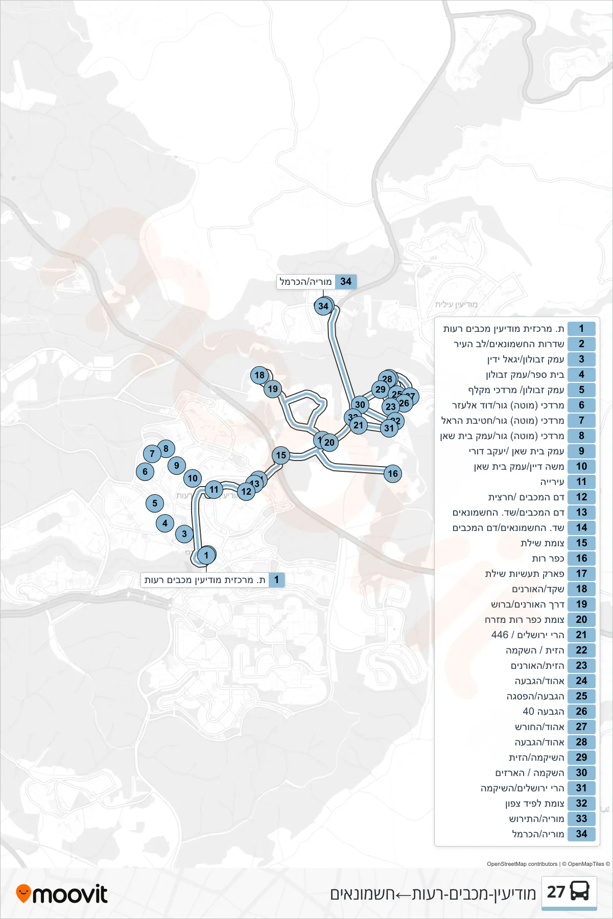 27 bus Line (Modi'in-Maccabim-Re'ut‎→Hashmonaim) route and stops on a map