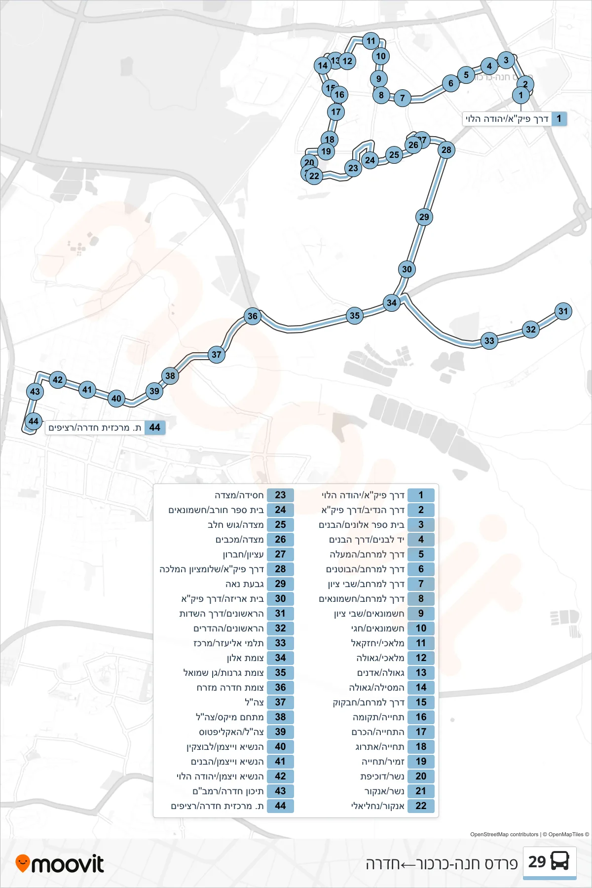 29  Line (Pardes Hanna-Karkur‎→Hadera) route and stops on a map