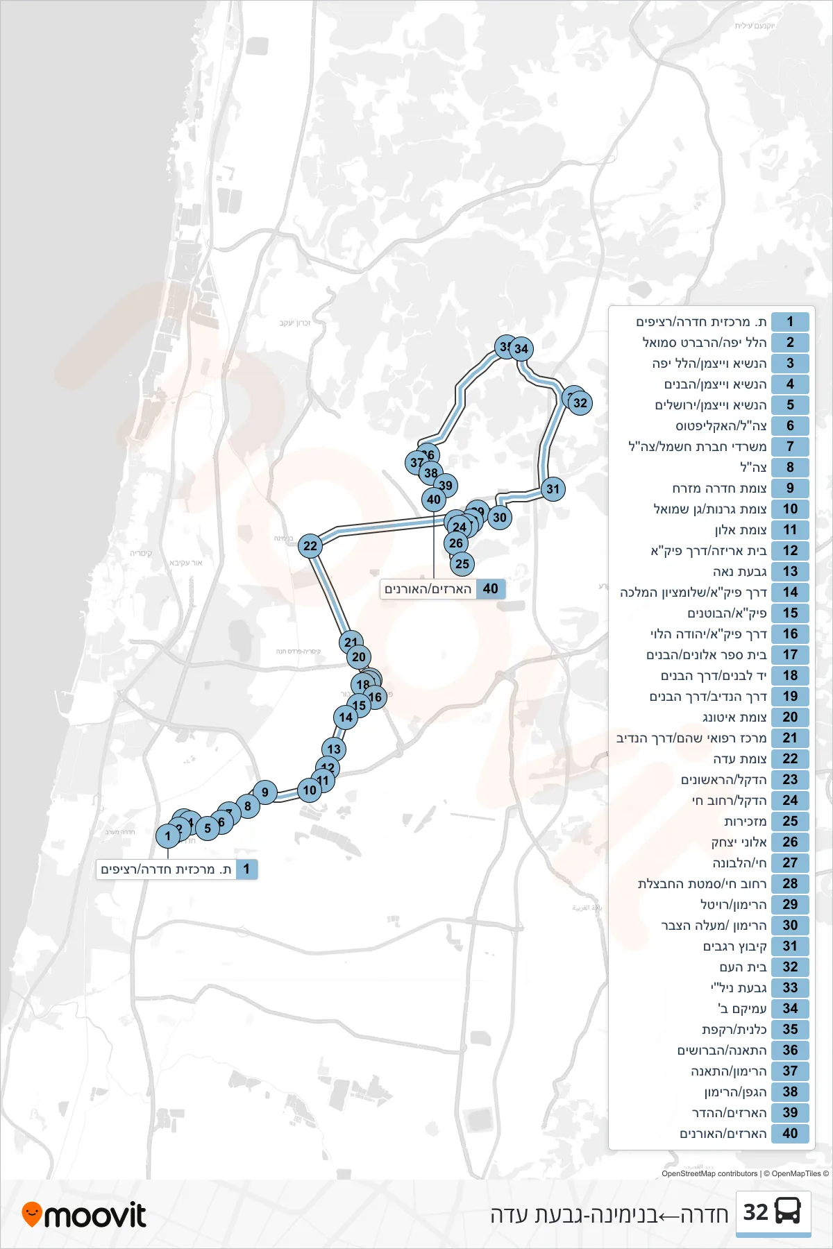 32 bus Line (Hadera→Binyamina-Givat Ada) route and stops on a map