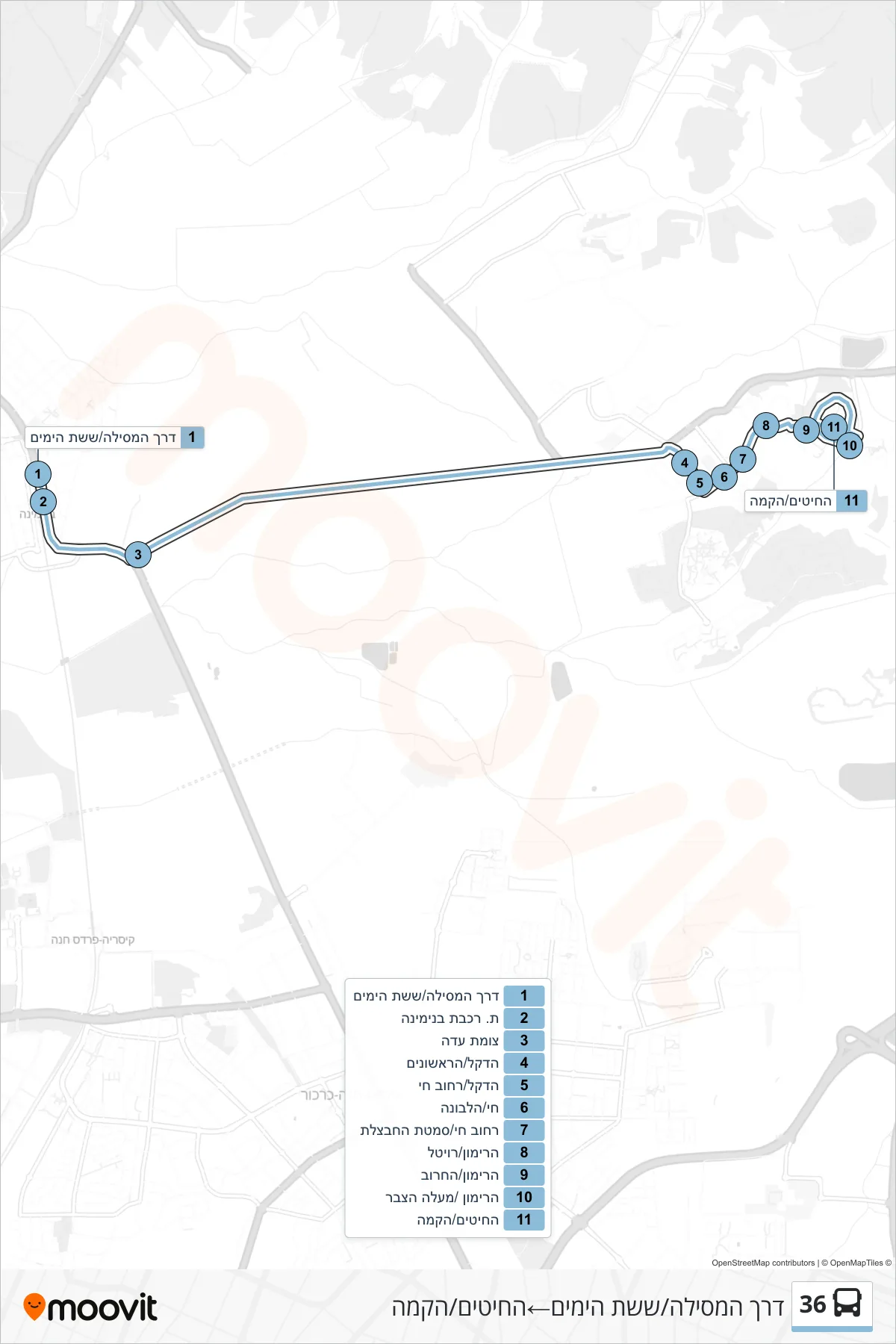 36  Line (HaMesila Road/Six Day War‎→HaChitim/HaKama) route and stops on a map