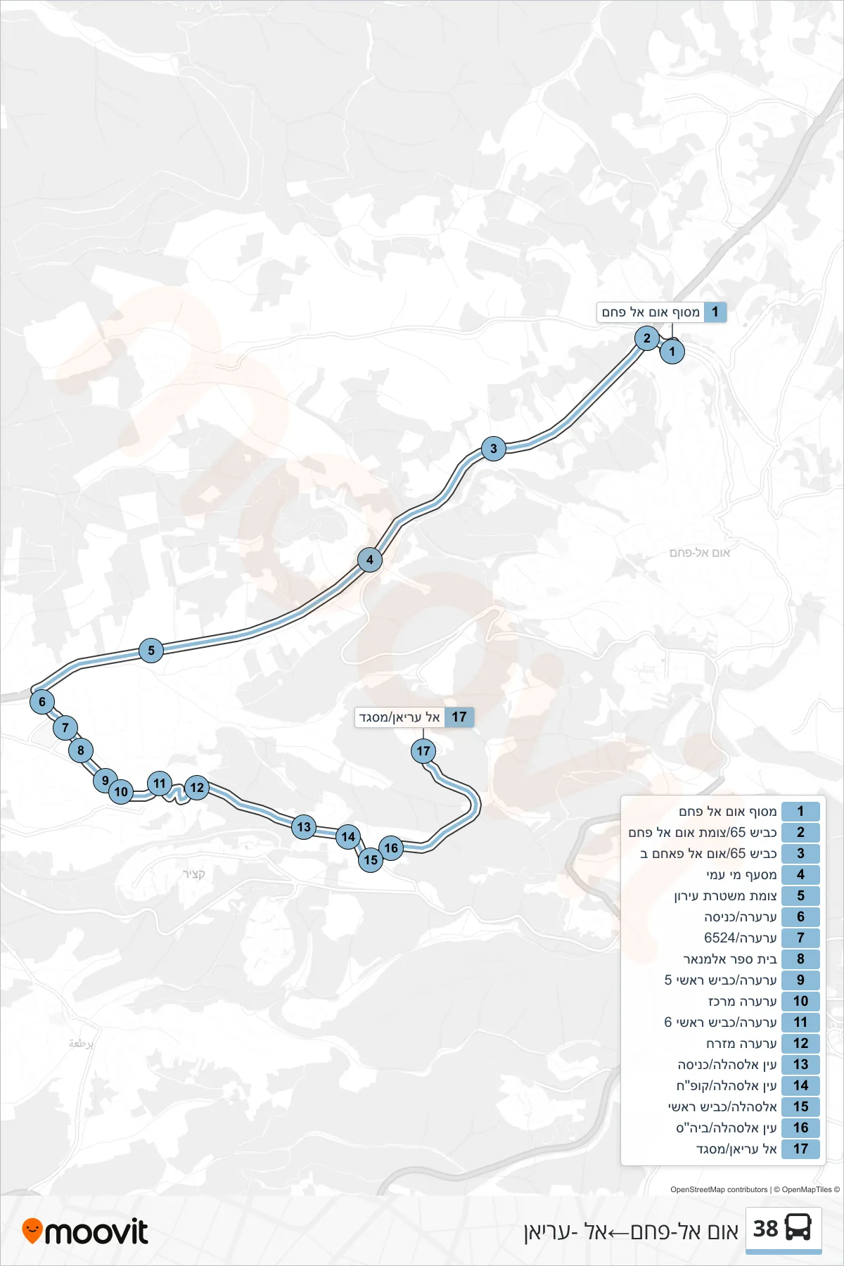 38 bus Line (Umm al-Fahm‎→Al-Aryan) route and stops on a map