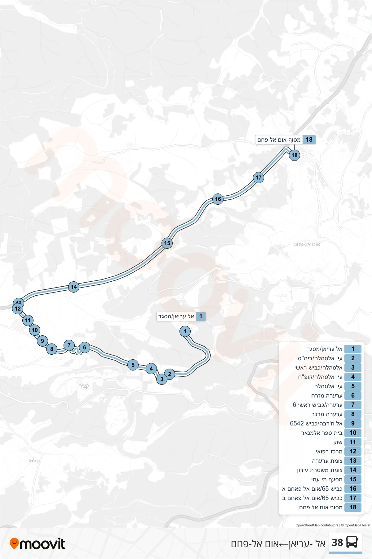 38 bus Line (Al-Aryan‎→Umm al-Fahm) route and stops on a map