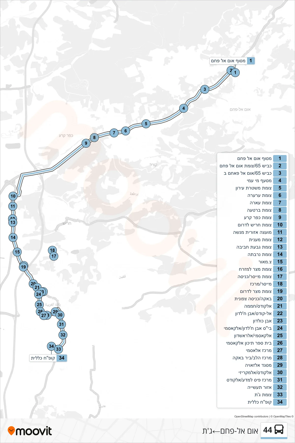 44 bus Line (Umm al-Fahm‎→Jatt) route and stops on a map