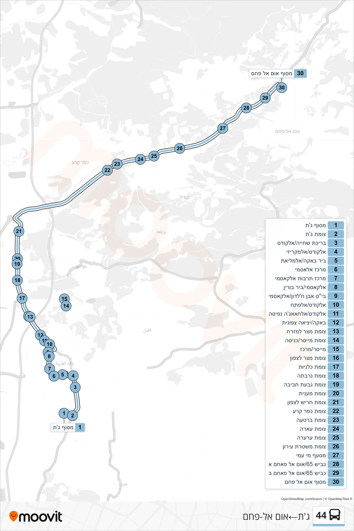 44 bus Line (Jatt‎→Umm al-Fahm) route and stops on a map