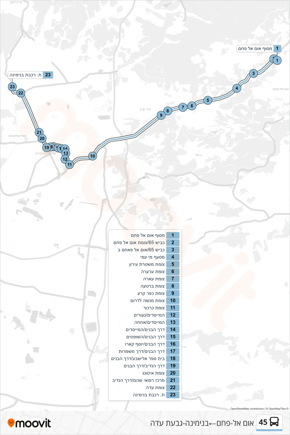 45 bus Line (Umm al-Fahm→Binyamina-Givat Ada) route and stops on a map
