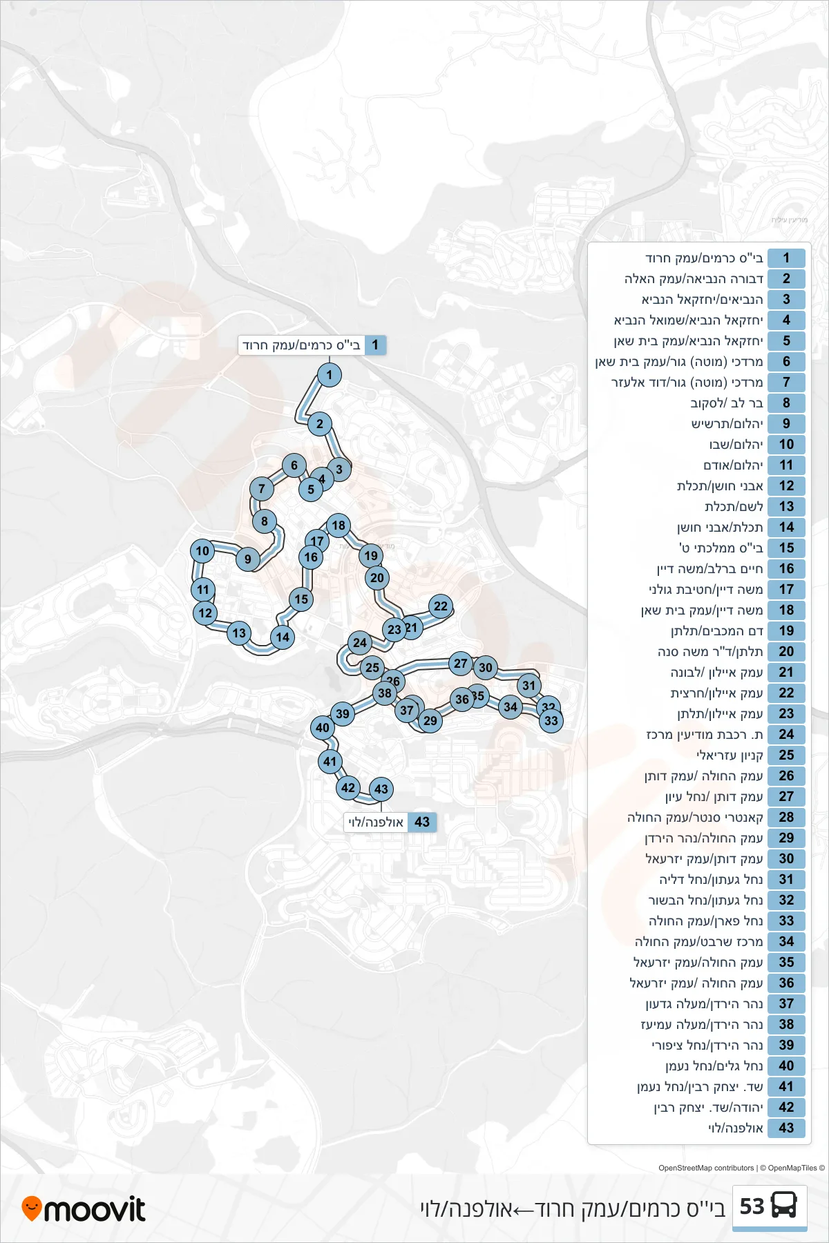 53 bus Line (Kramim School/Emek Harod‎→Ulpana/Levi) route and stops on a map
