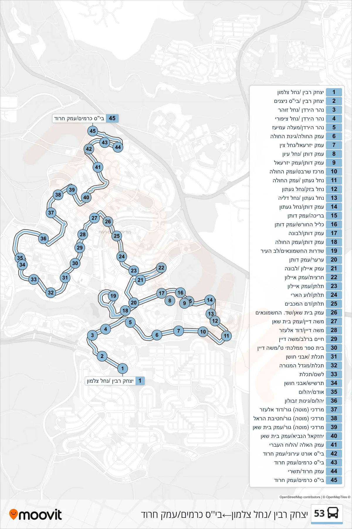 53 bus Line (Yitzhak Rabin/Nachal Tzalmon‎→Kramim School/Emek Harod) route and stops on a map