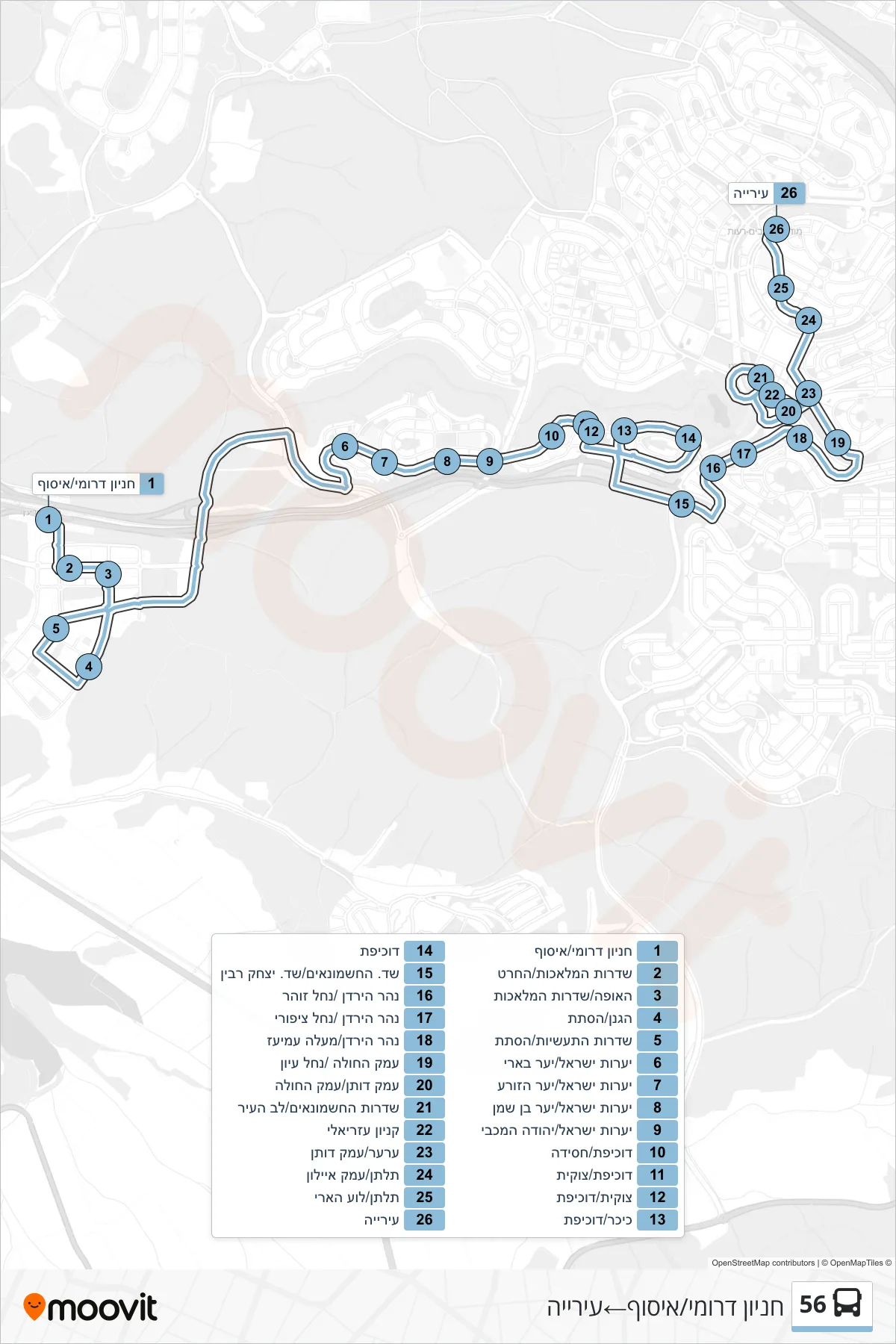 56 bus Line (Southern Parking/Pickup‎→City Hall) route and stops on a map