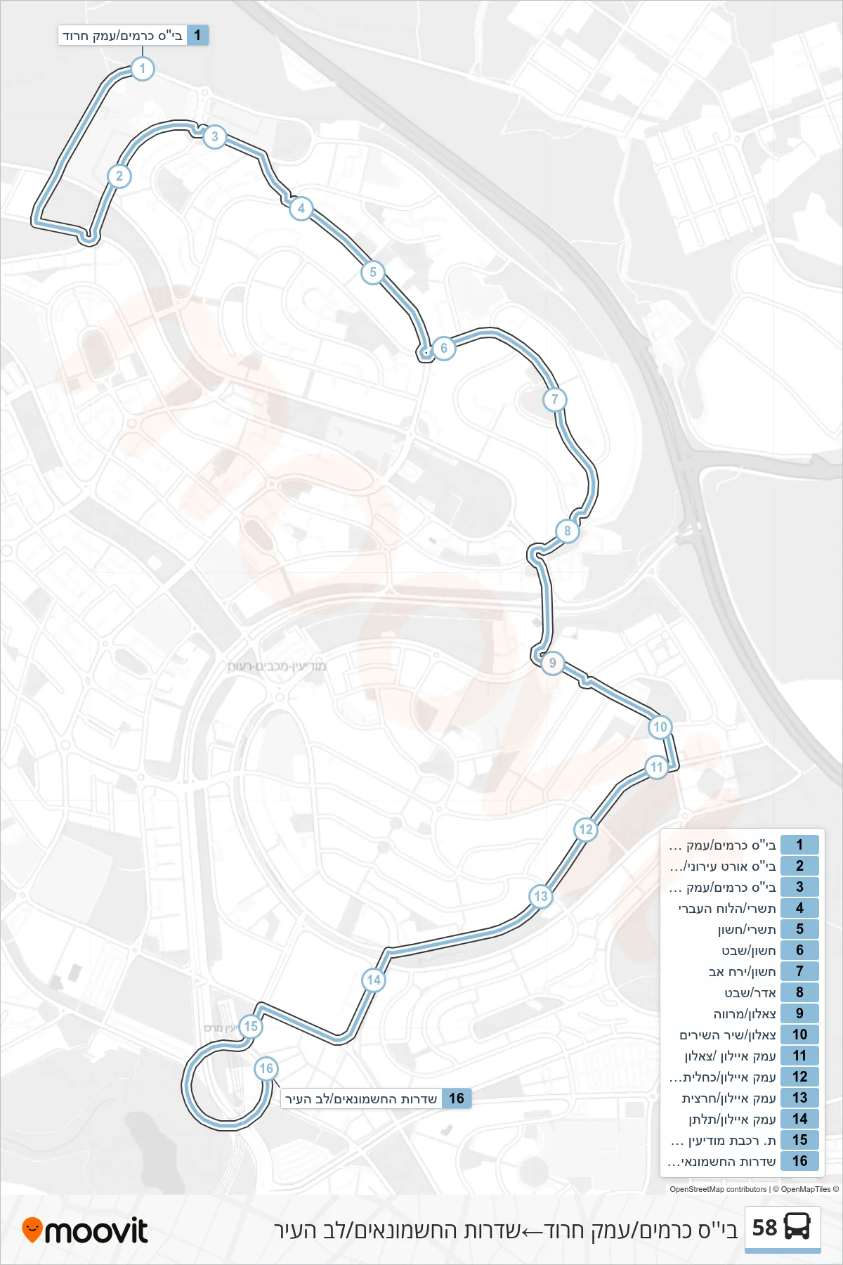 58 bus Line (Kramim School/Emek Harod‎→Hashmonaim Blvd/Lev HaIr) route and stops on a map