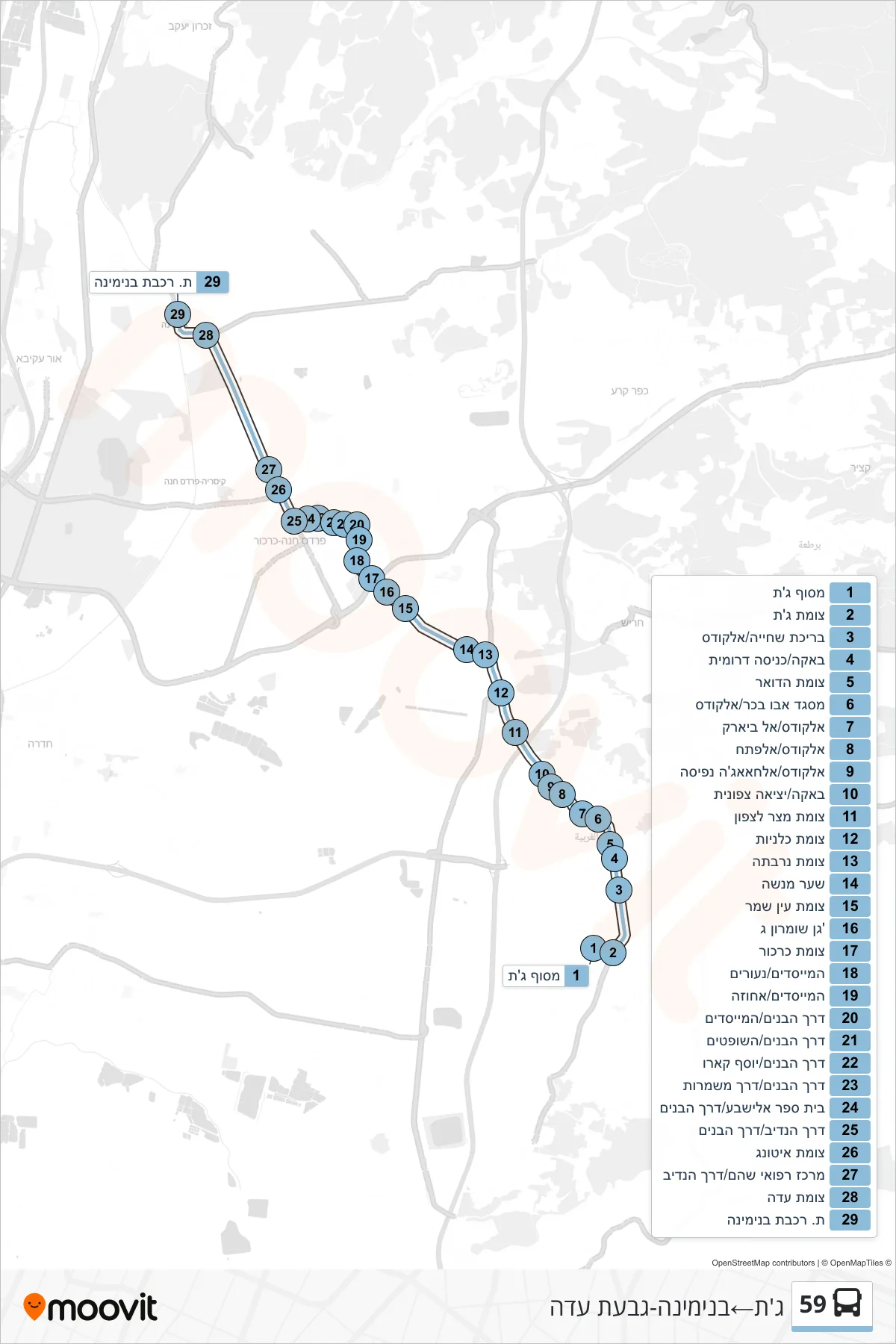 59 bus Line (Jatt‎→Binyamina-Givat Ada) route and stops on a map