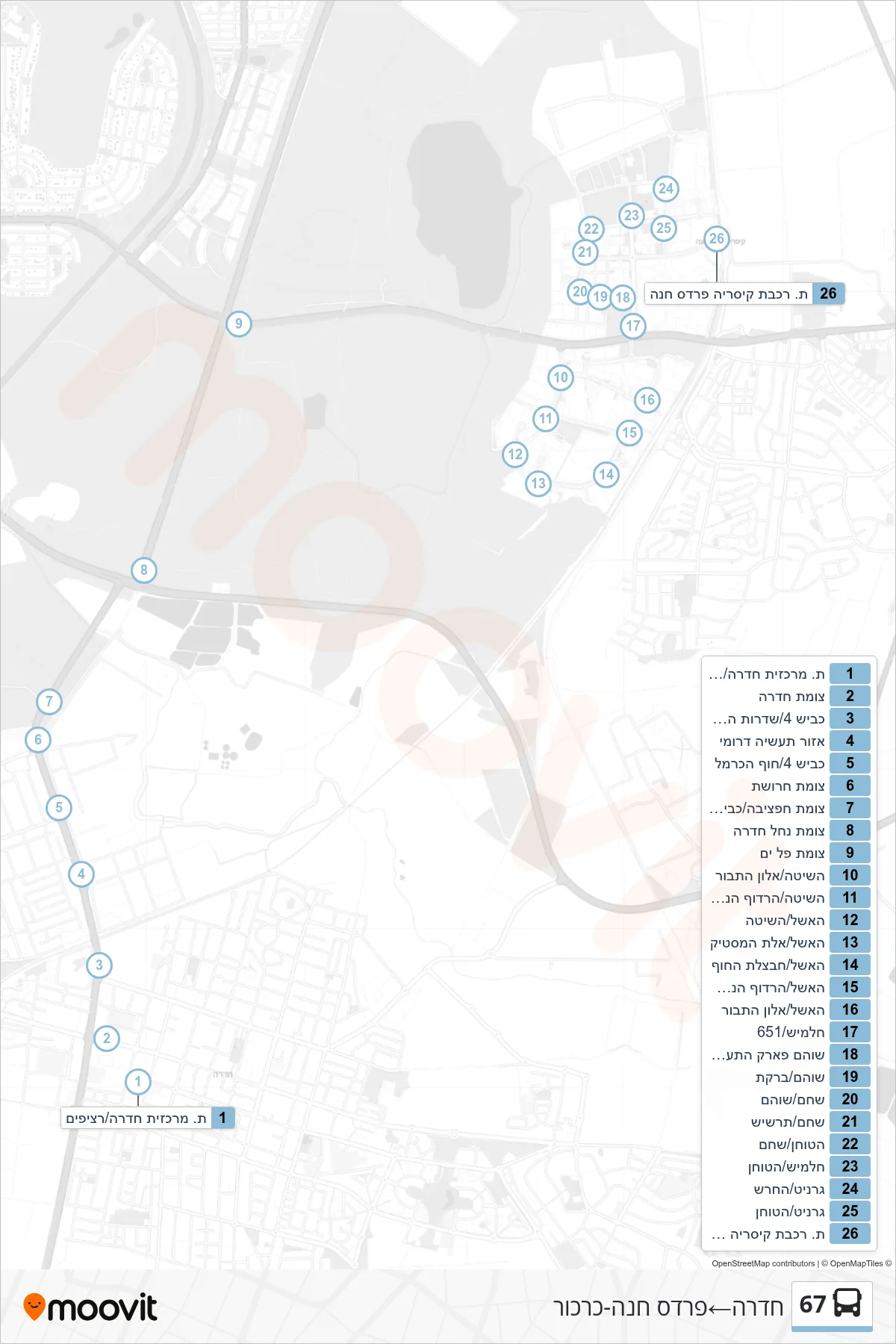 67 bus Line (Hadera‎→Pardes Hanna-Karkur) route and stops on a map