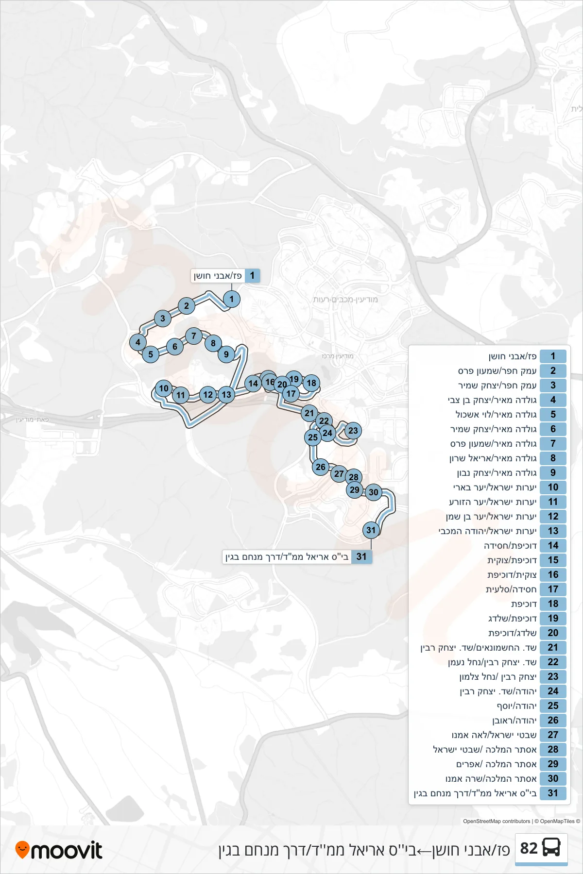 82 bus Line (Paz/Avnei Hoshen‎→Ariel School/Menachem Begin Road) route and stops on a map