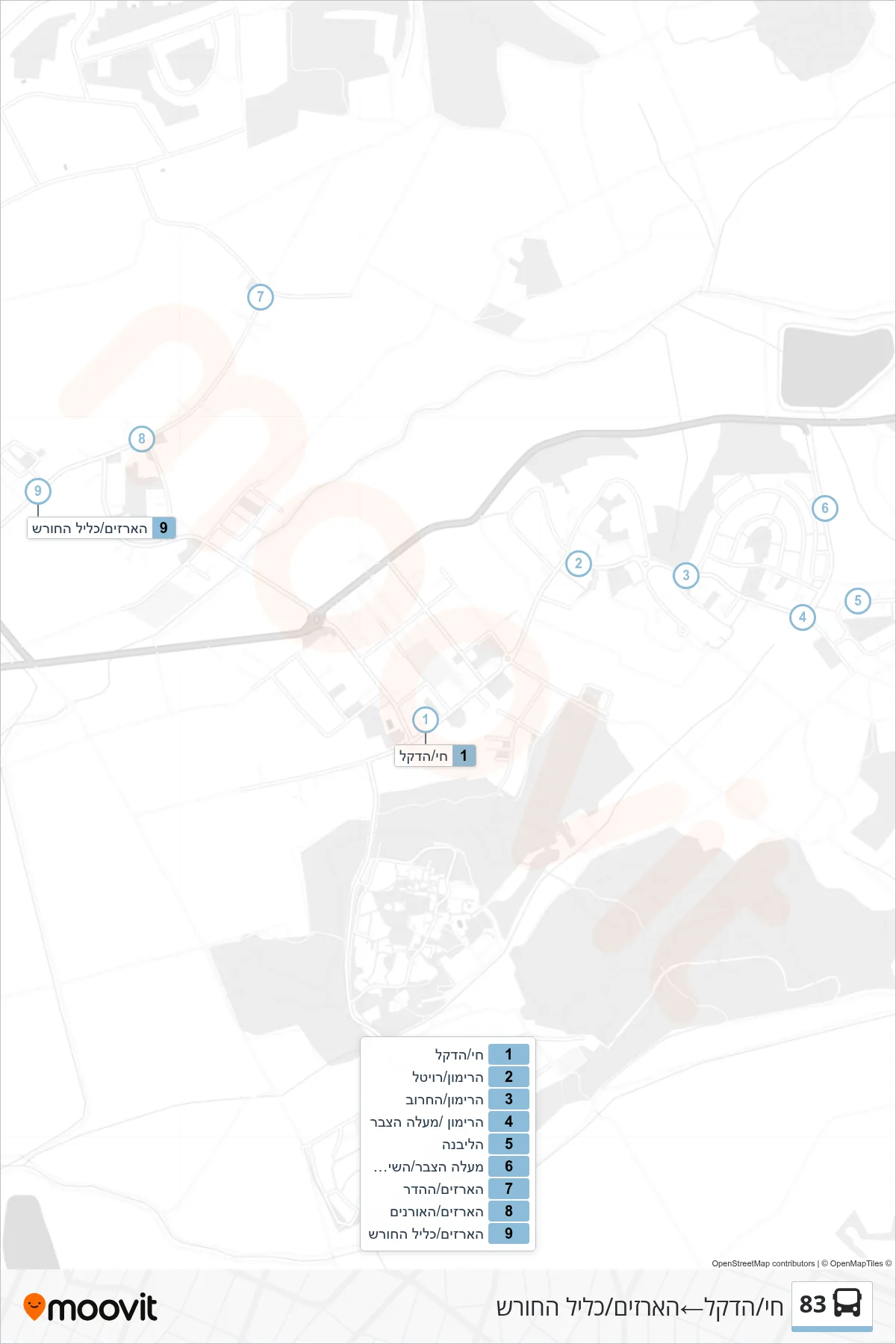 83 bus Line (Chai/HaDekel‎→HaArazim/Klil HaChoresh) route and stops on a map