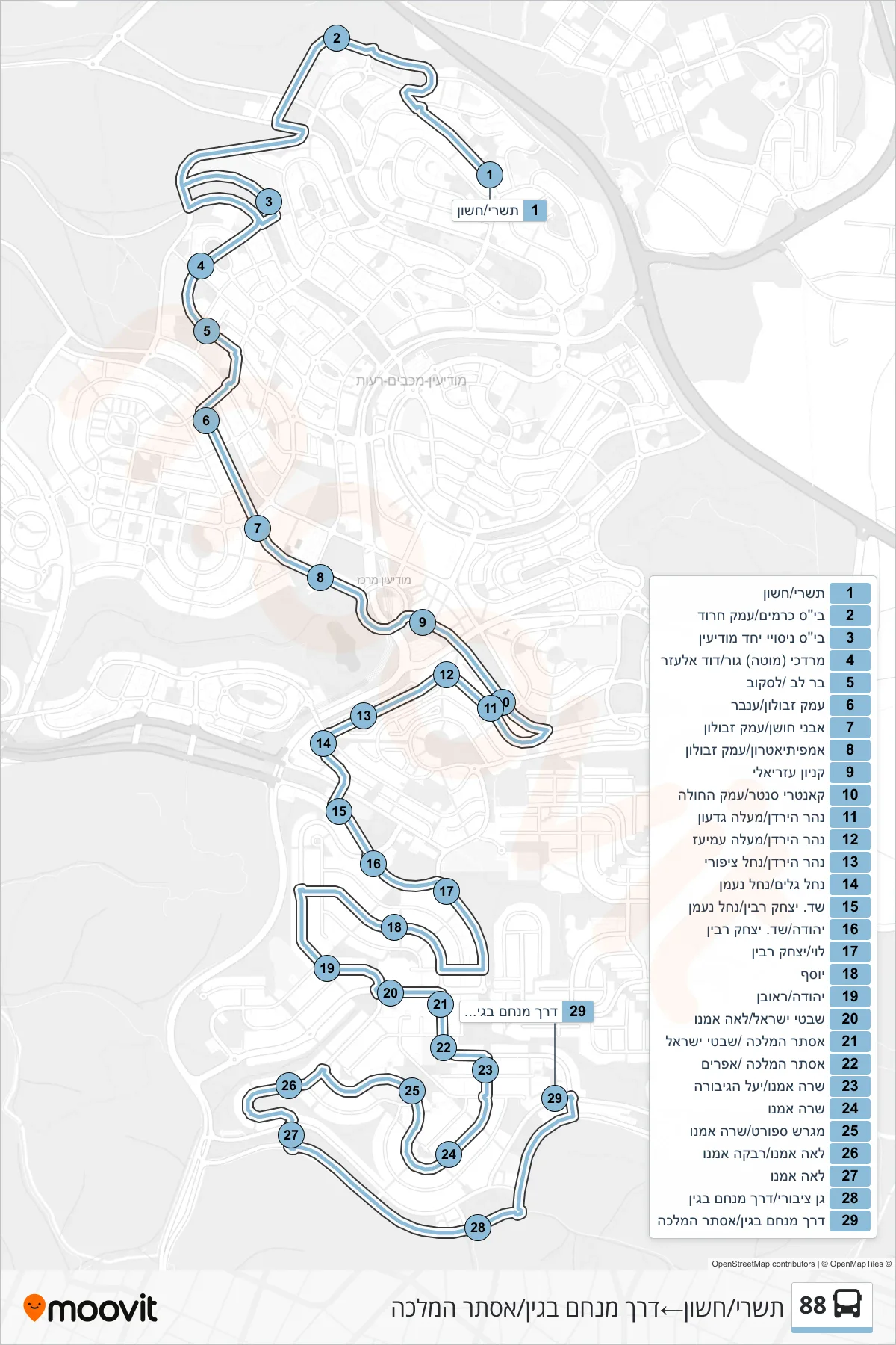 88 bus Line (Tishrei/Cheshvan‎→Menachem Begin Road/Queen Esther) route and stops on a map