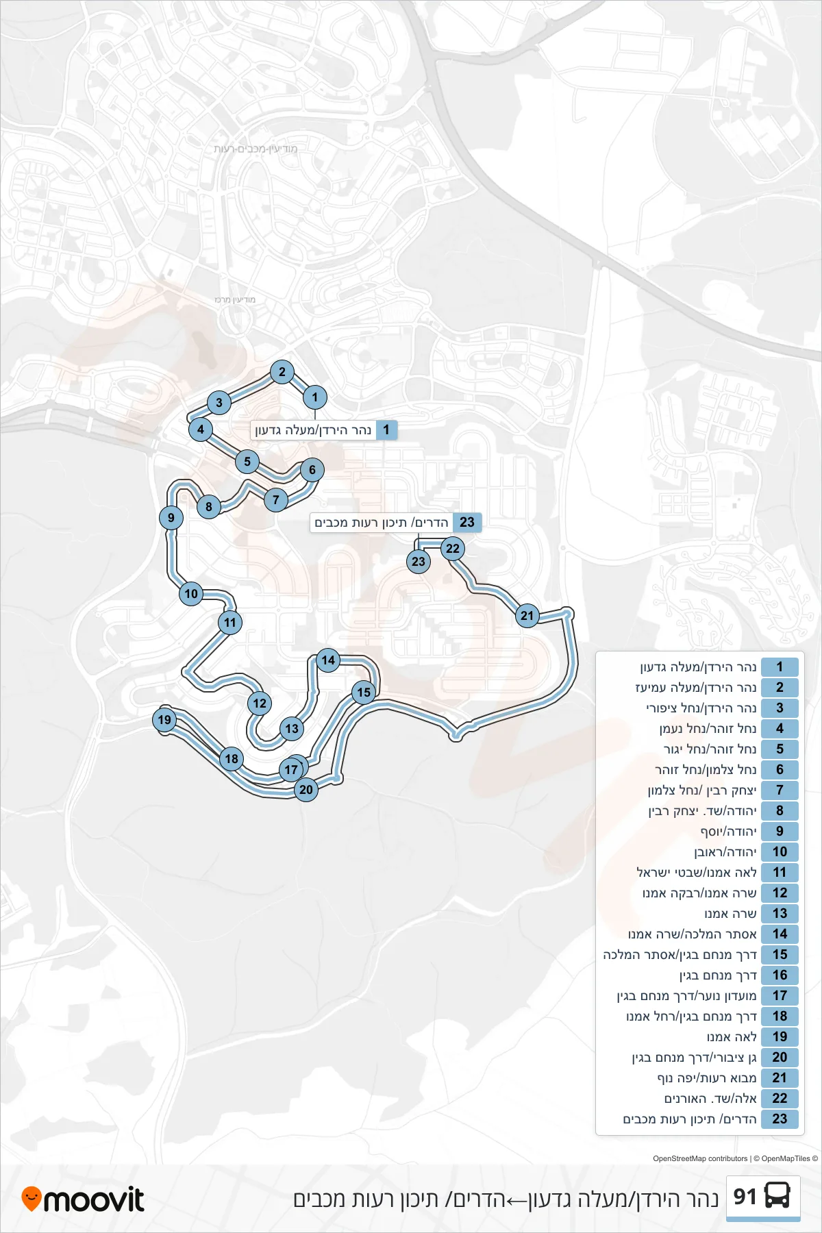 91 bus Line (Jordan River/Ma'ale Gideon→HaDarim/Reut Maccabim High School) route and stops on a map