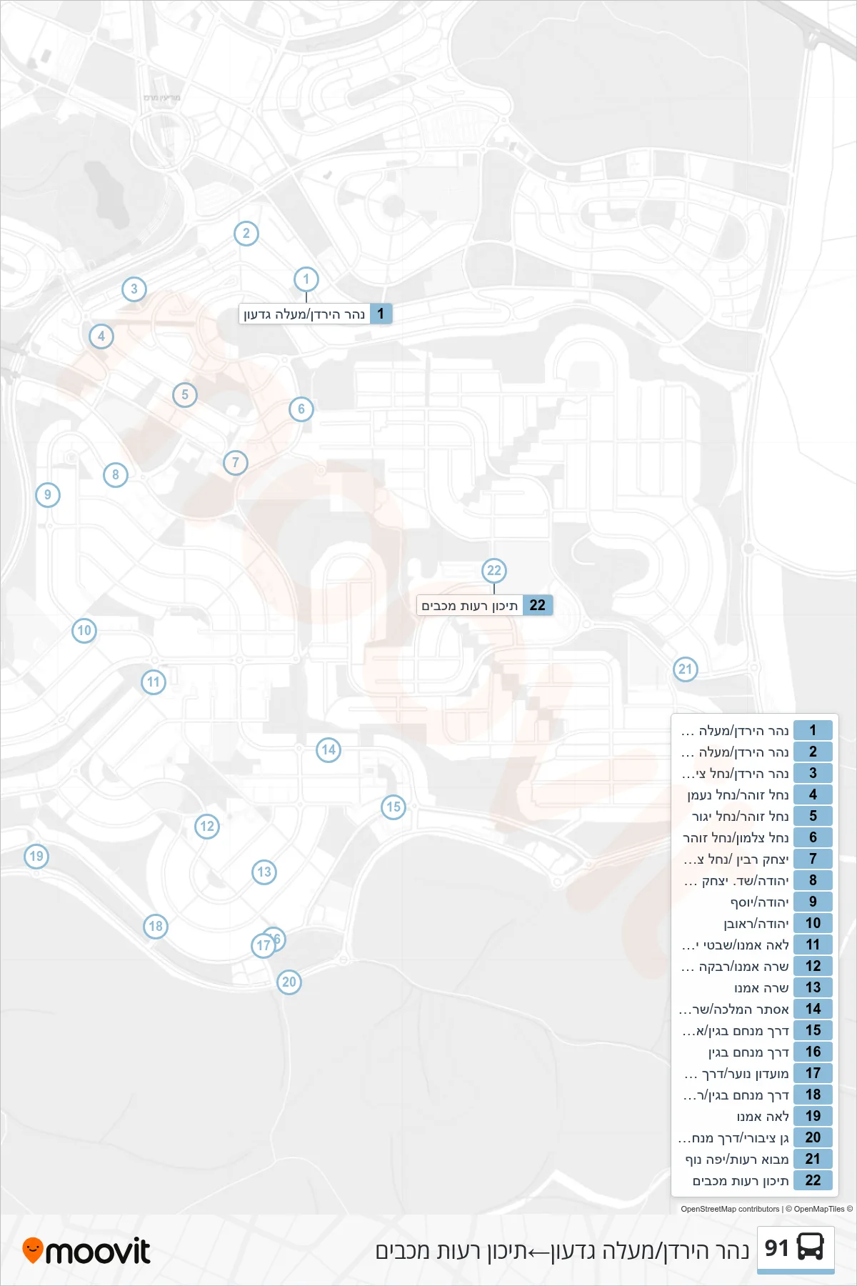 91  Line (Jordan River/Ma'ale Gideon‎→Reut Maccabim High School) route and stops on a map
