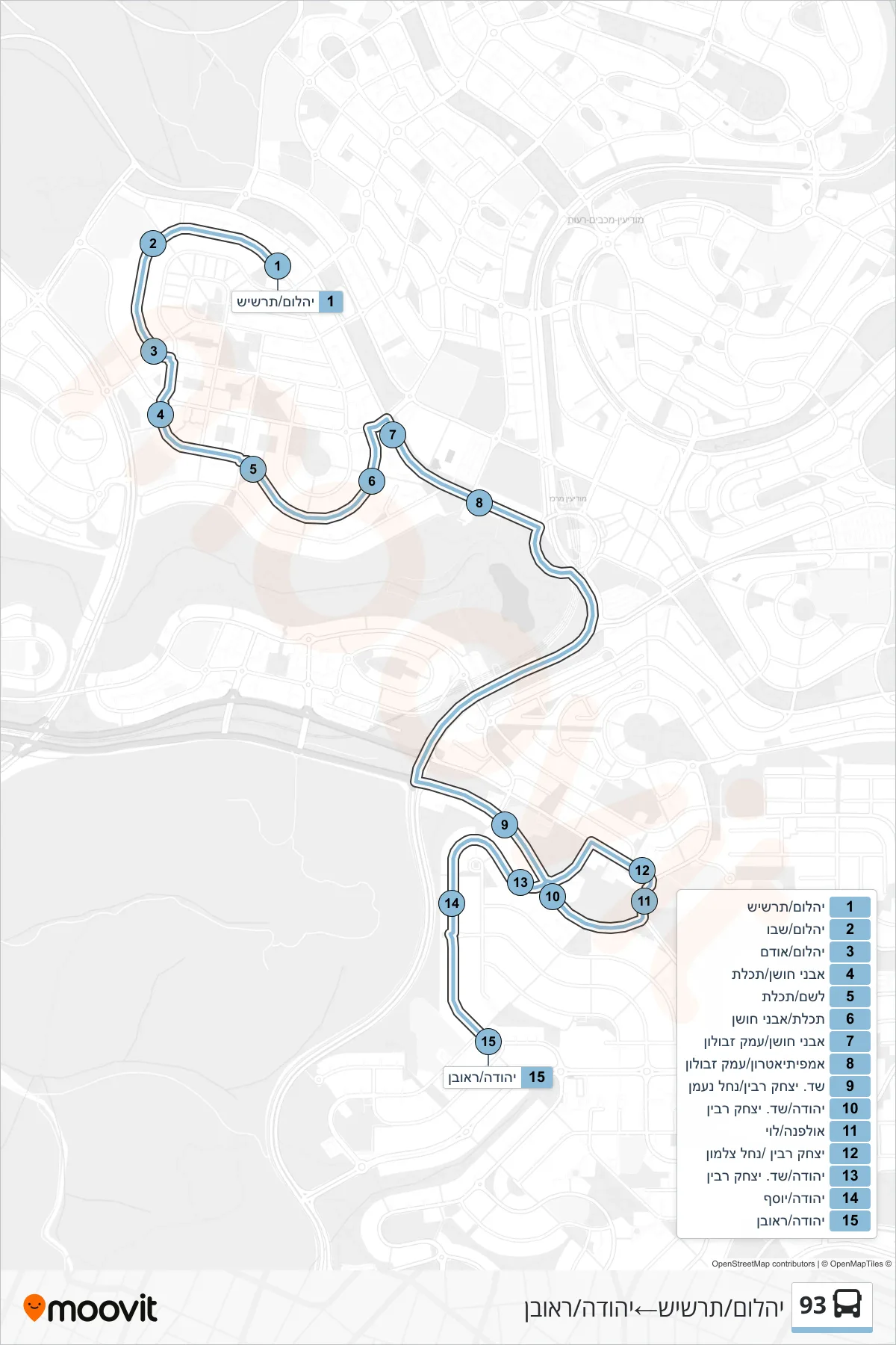 93 bus Line (Yahalom/Tarshish→Yehuda/Reuven) route and stops on a map