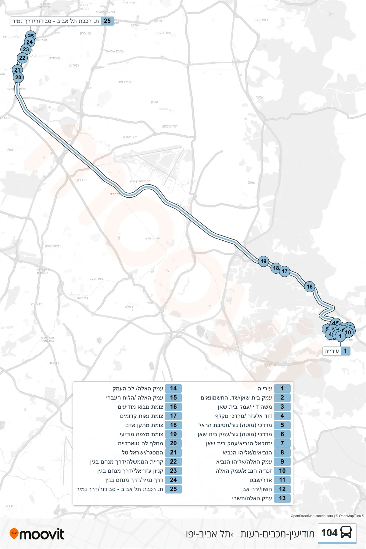 104 bus Line (Modi'in-Maccabim-Re'ut→Tel Aviv-Yafo) route and stops on a map
