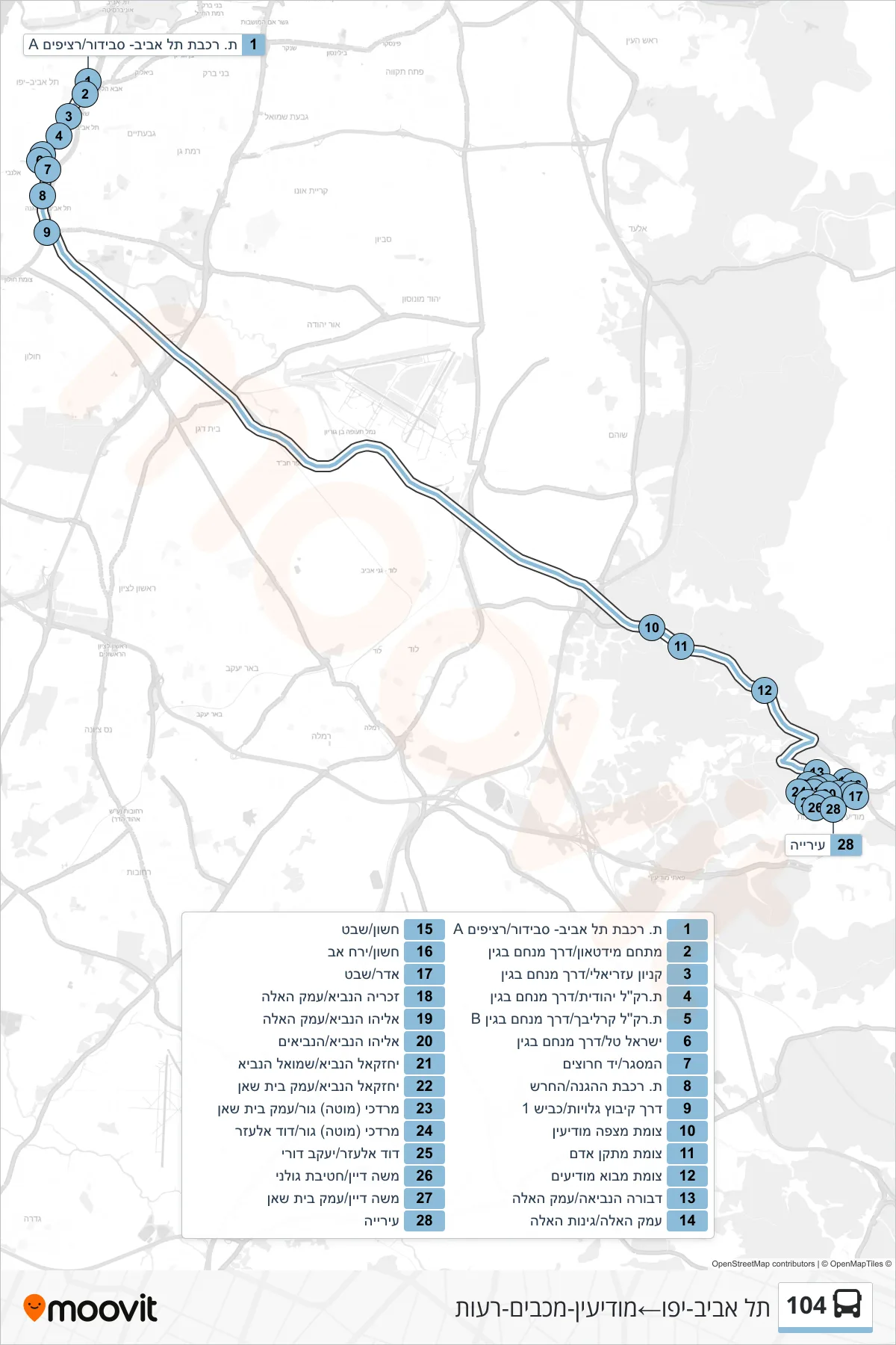 104 bus Line (Tel Aviv-Yafo‎→Modi'in-Maccabim-Re'ut) route and stops on a map