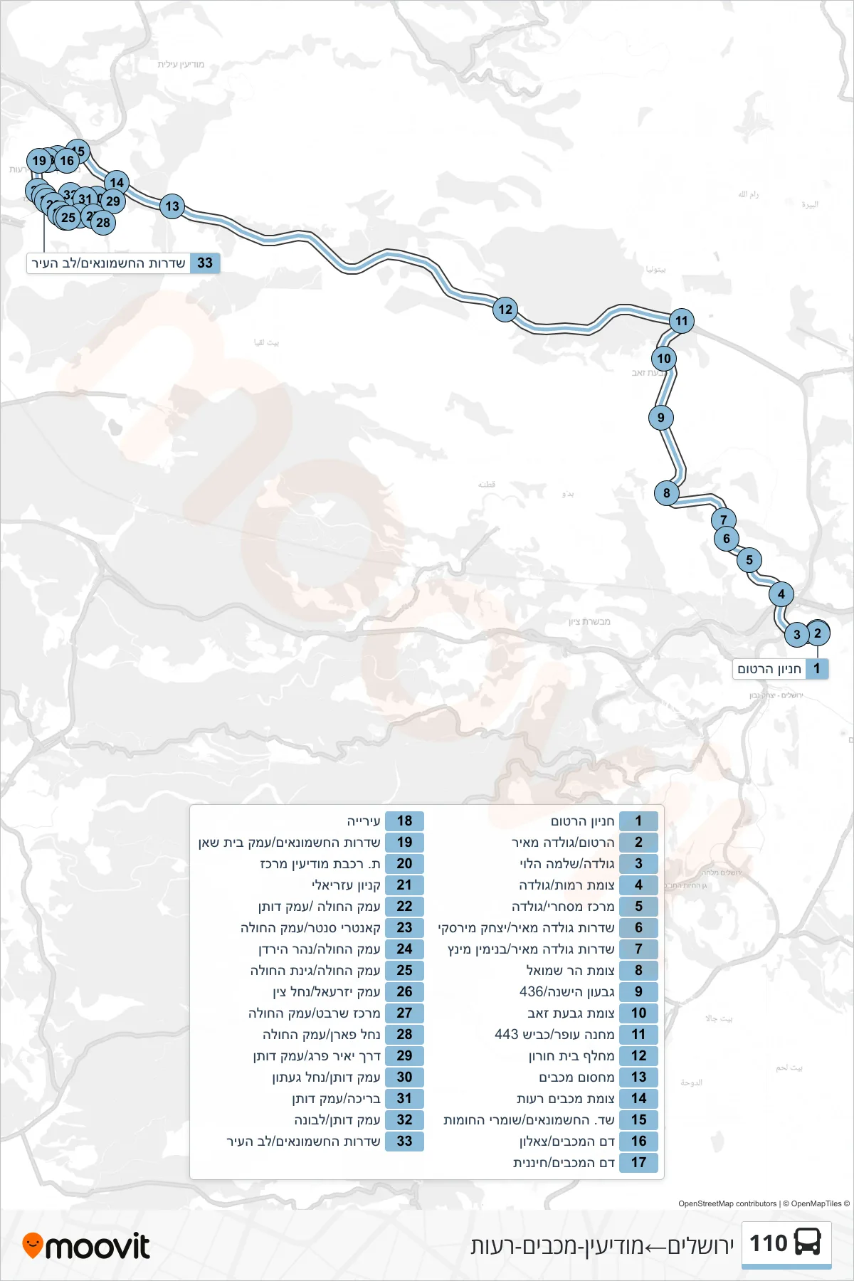 110 bus Line (Jerusalem‎→Modi'in-Maccabim-Re'ut) route and stops on a map