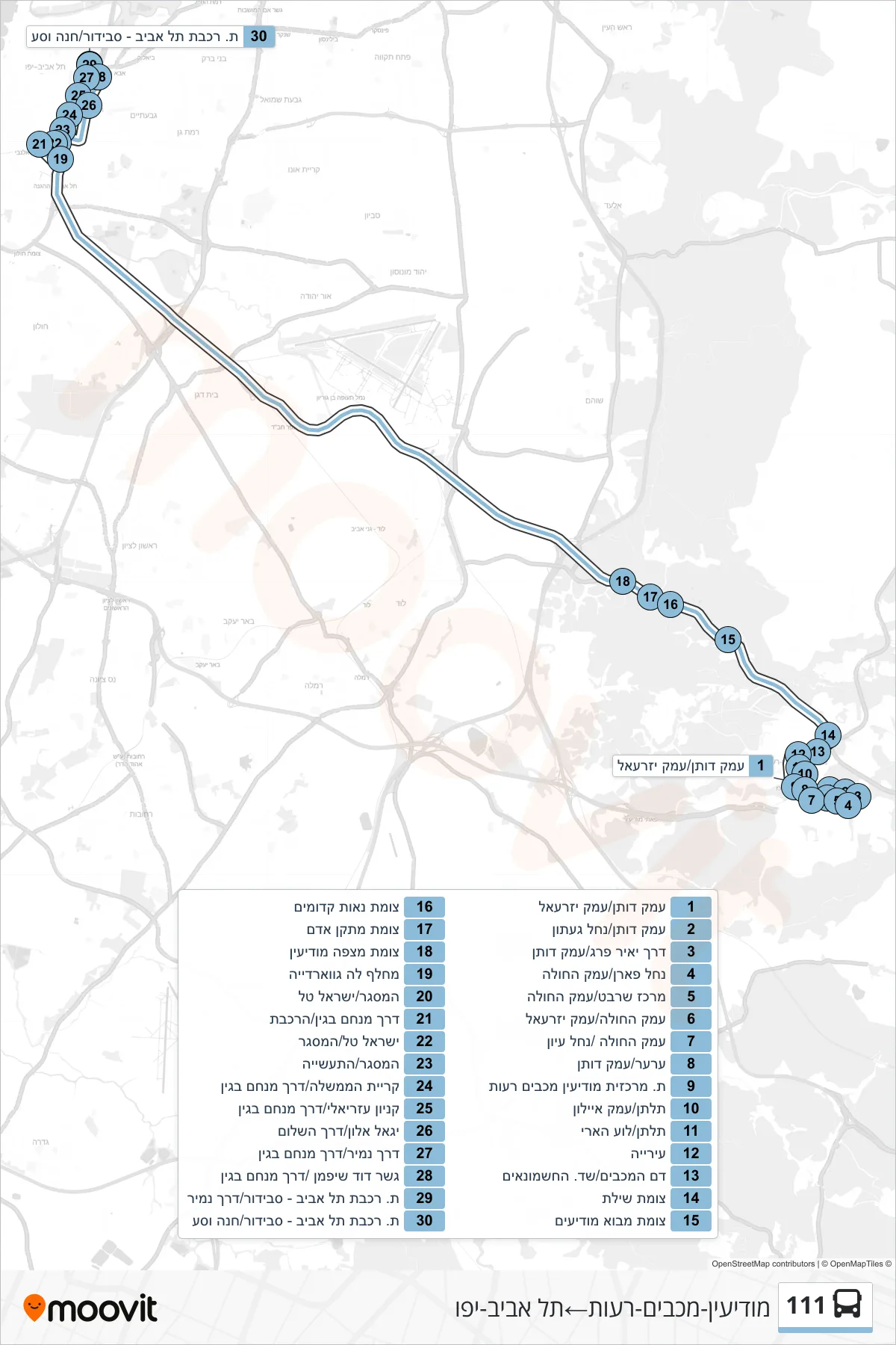 111 bus Line (Modi'in-Maccabim-Re'ut‎→Tel Aviv-Yafo) route and stops on a map