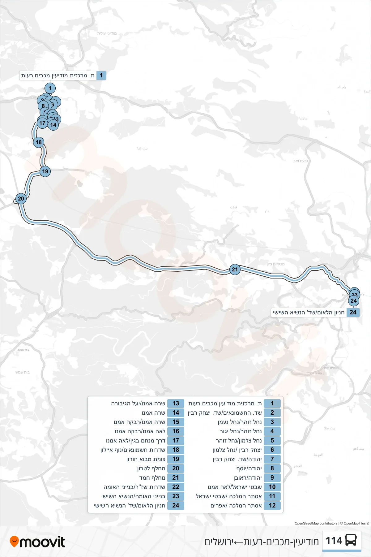 114 bus Line (Modi'in-Maccabim-Re'ut→Jerusalem) route and stops on a map