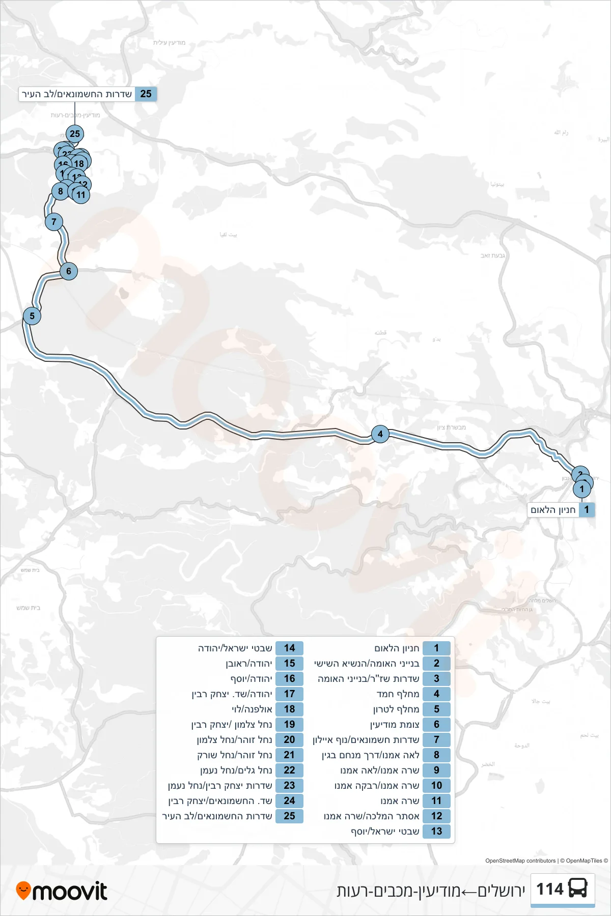 114 bus Line (Jerusalem→Modi'in-Maccabim-Re'ut) route and stops on a map