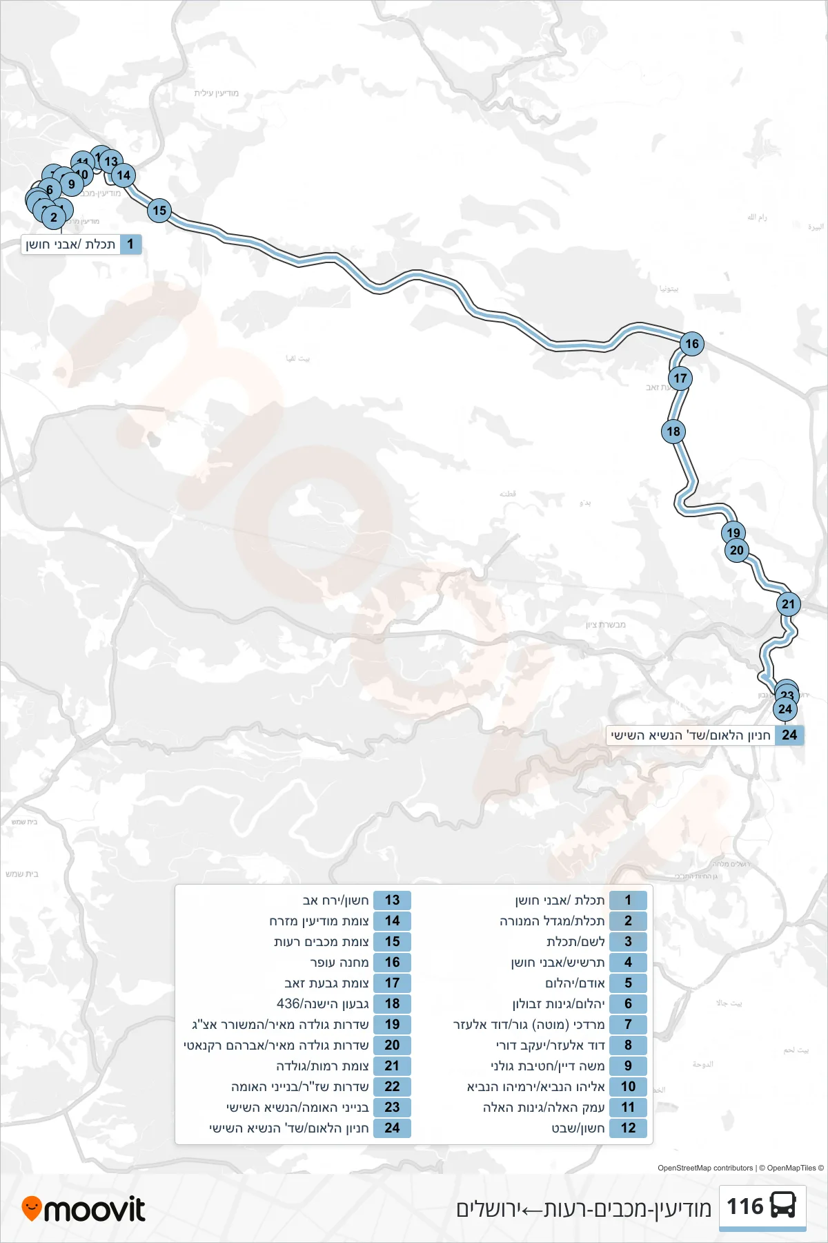 116 bus Line (Modi'in-Maccabim-Re'ut‎→Jerusalem) route and stops on a map