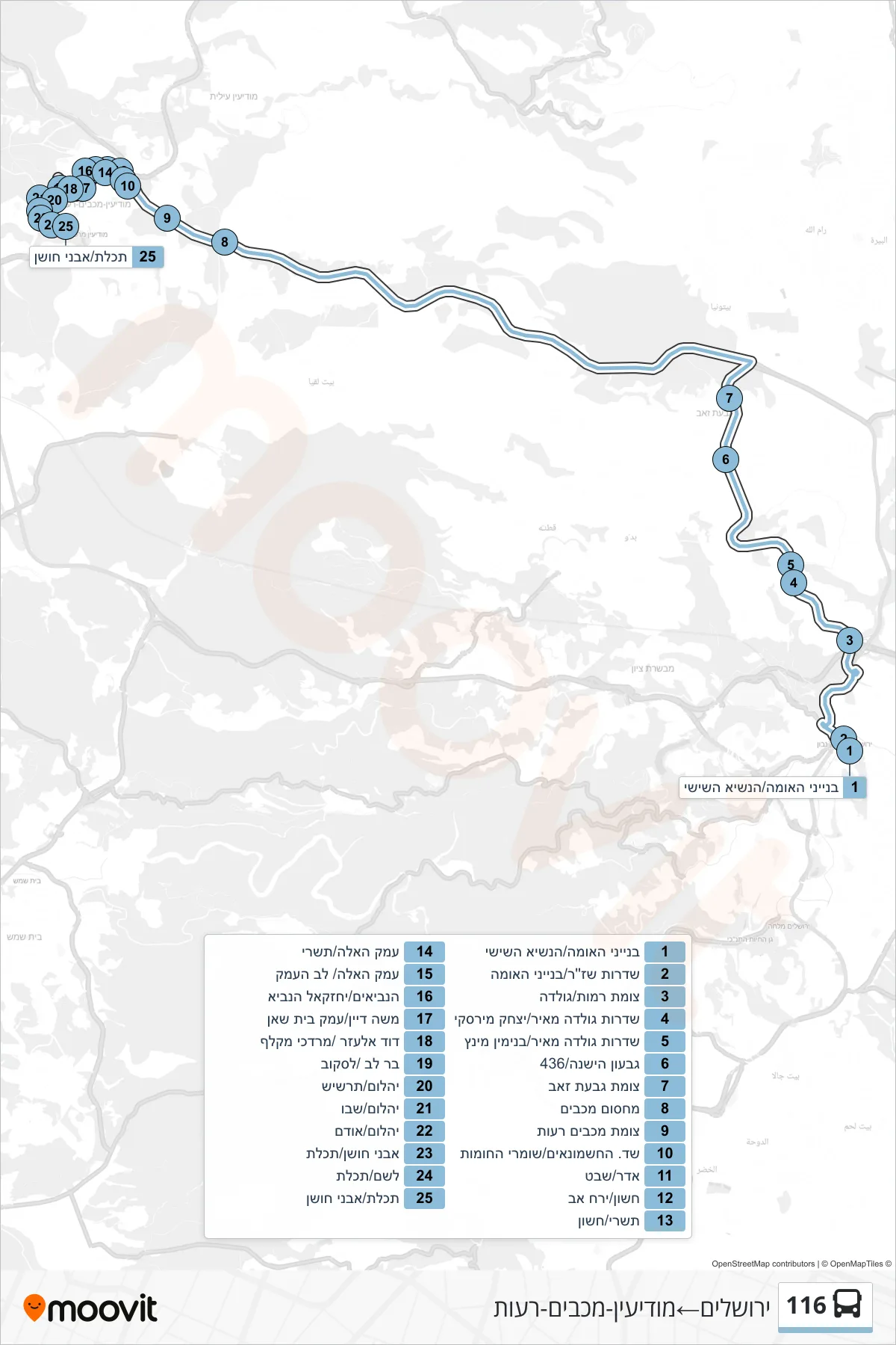 116  Line (Jerusalem‎→Modi'in-Maccabim-Re'ut) route and stops on a map