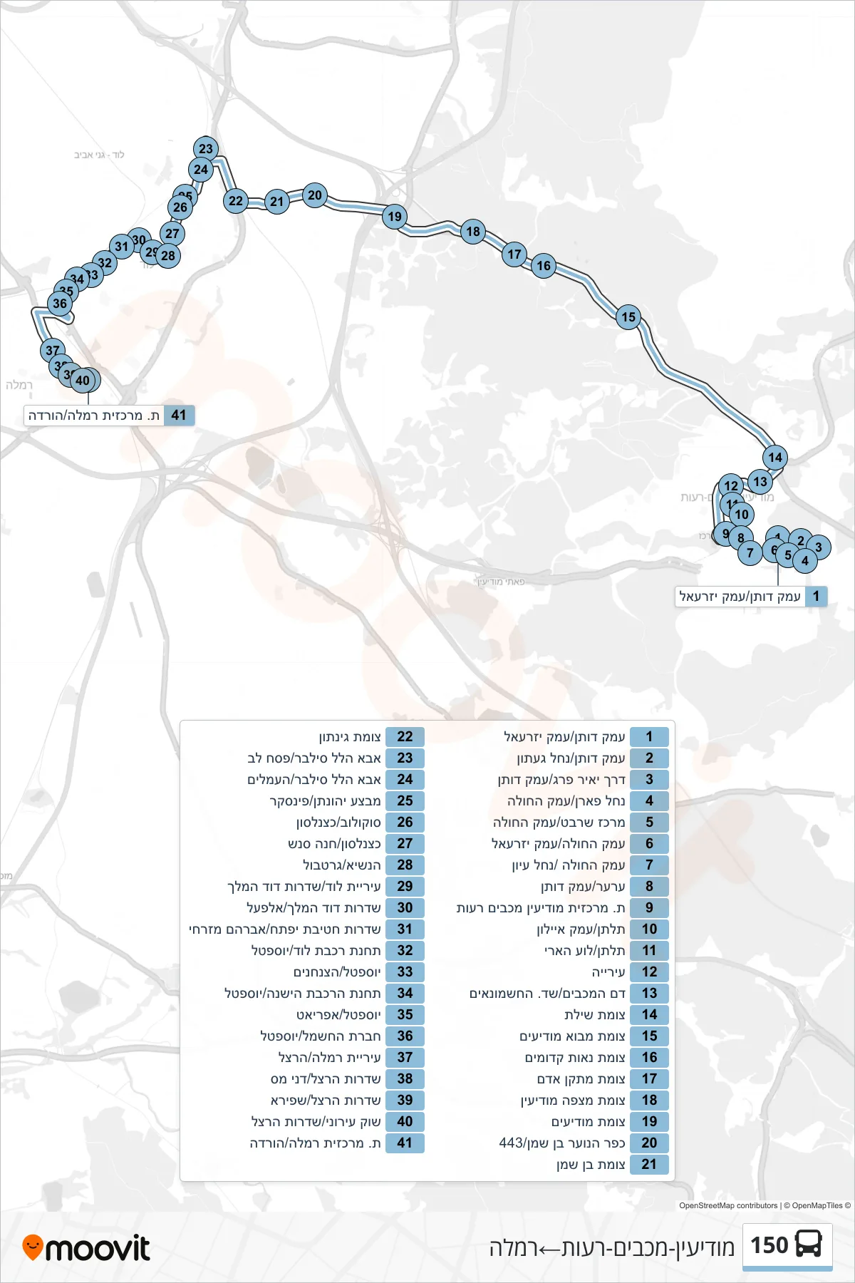 150 bus Line (Modi'in-Maccabim-Re'ut‎→Ramla) route and stops on a map