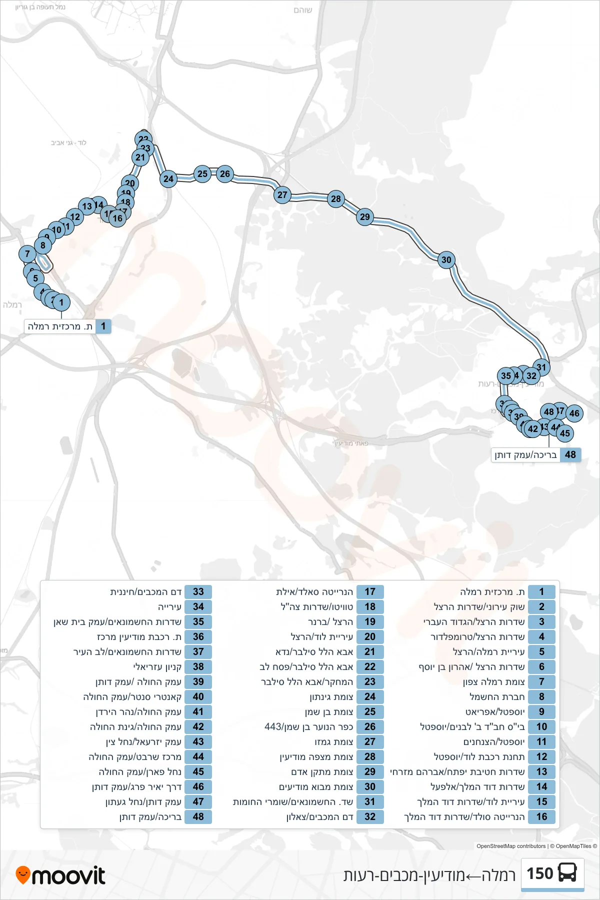 150 bus Line (Ramla‎→Modi'in-Maccabim-Re'ut) route and stops on a map