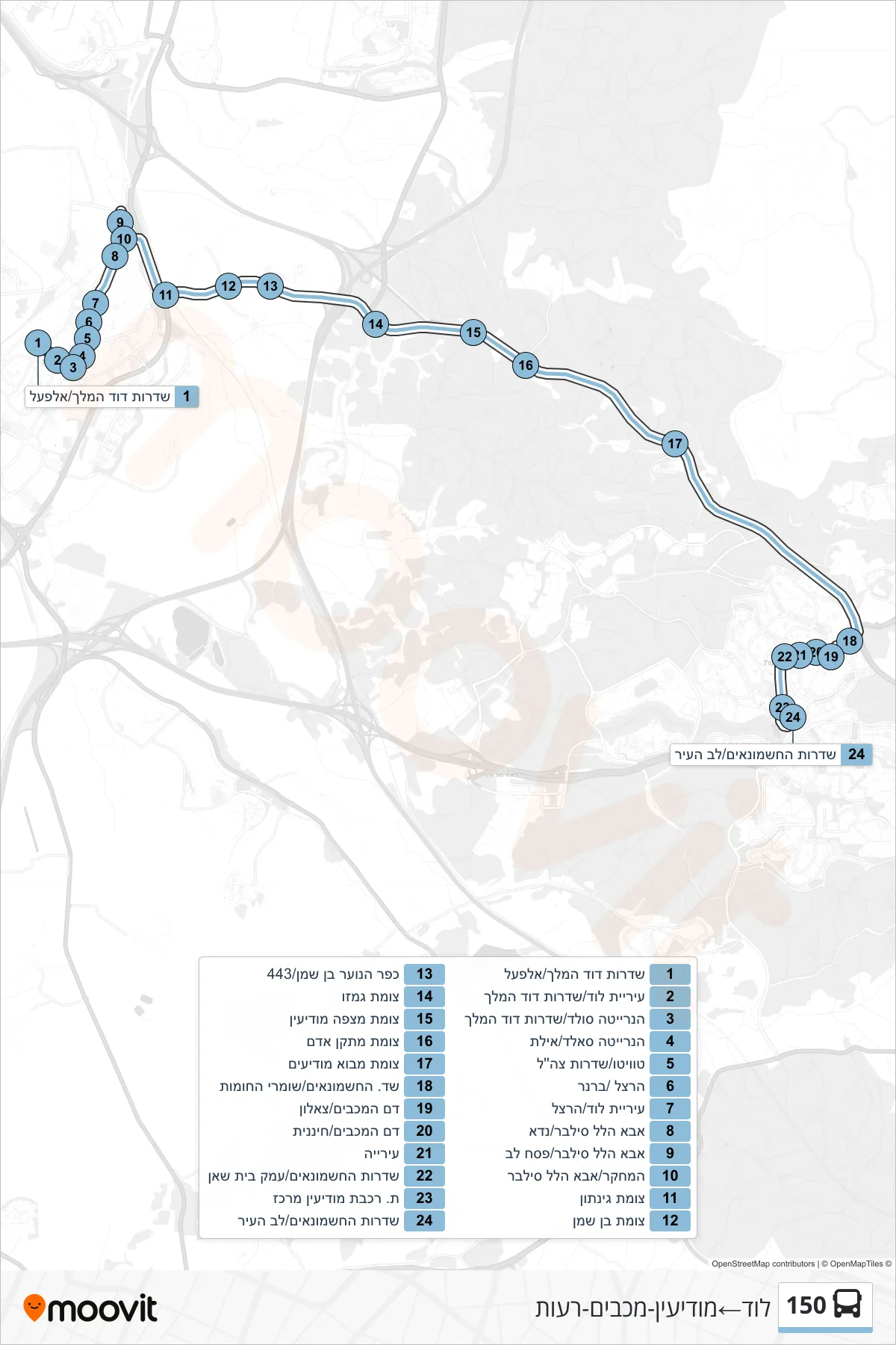 150 bus Line (Lod‎→Modi'in-Maccabim-Re'ut) route and stops on a map