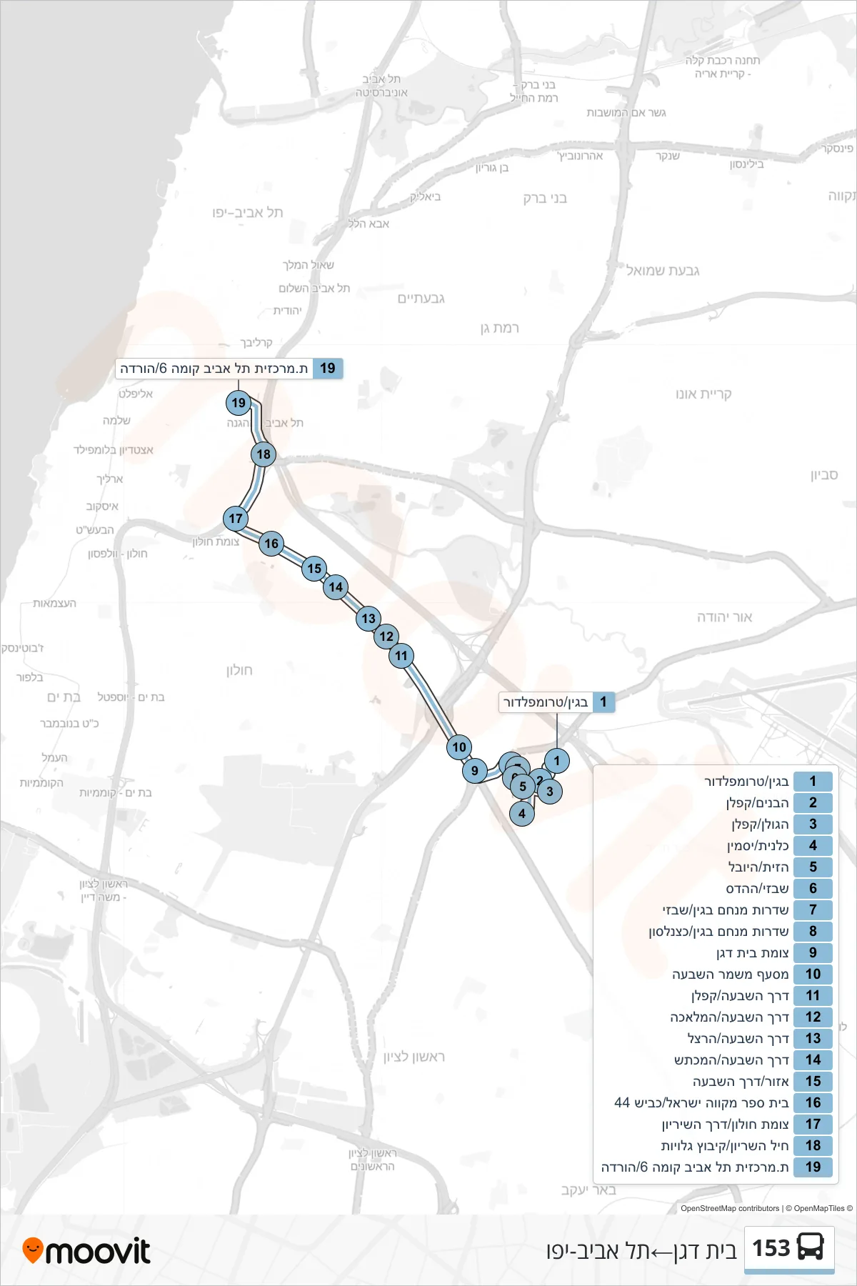 153 bus Line (Beit Dagan‎→Tel Aviv-Yafo) route and stops on a map