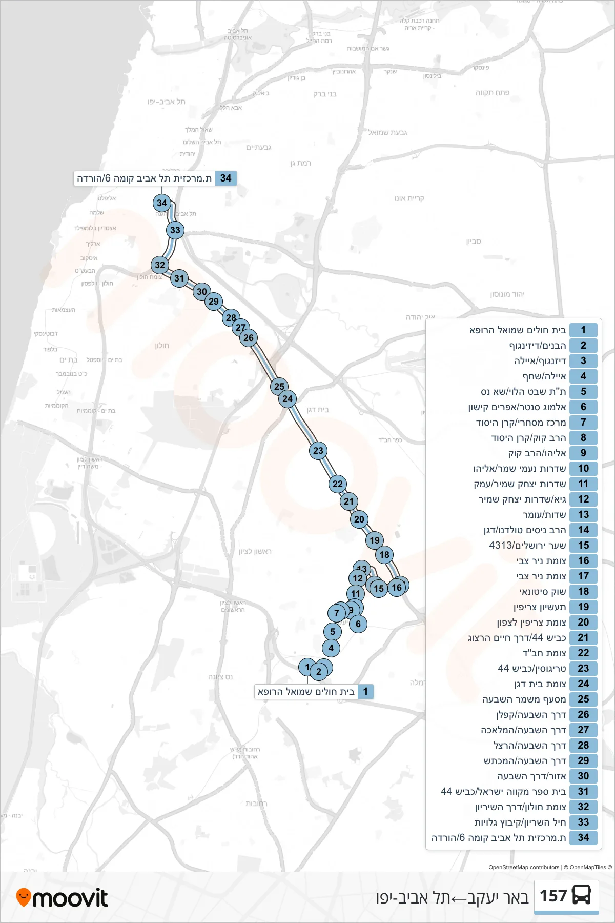 157 bus Line (Be'er Ya'akov‎→Tel Aviv-Yafo) route and stops on a map