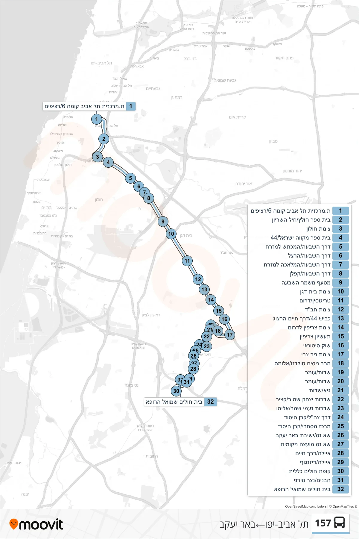 157 bus Line (Tel Aviv-Yafo‎→Be'er Ya'akov) route and stops on a map