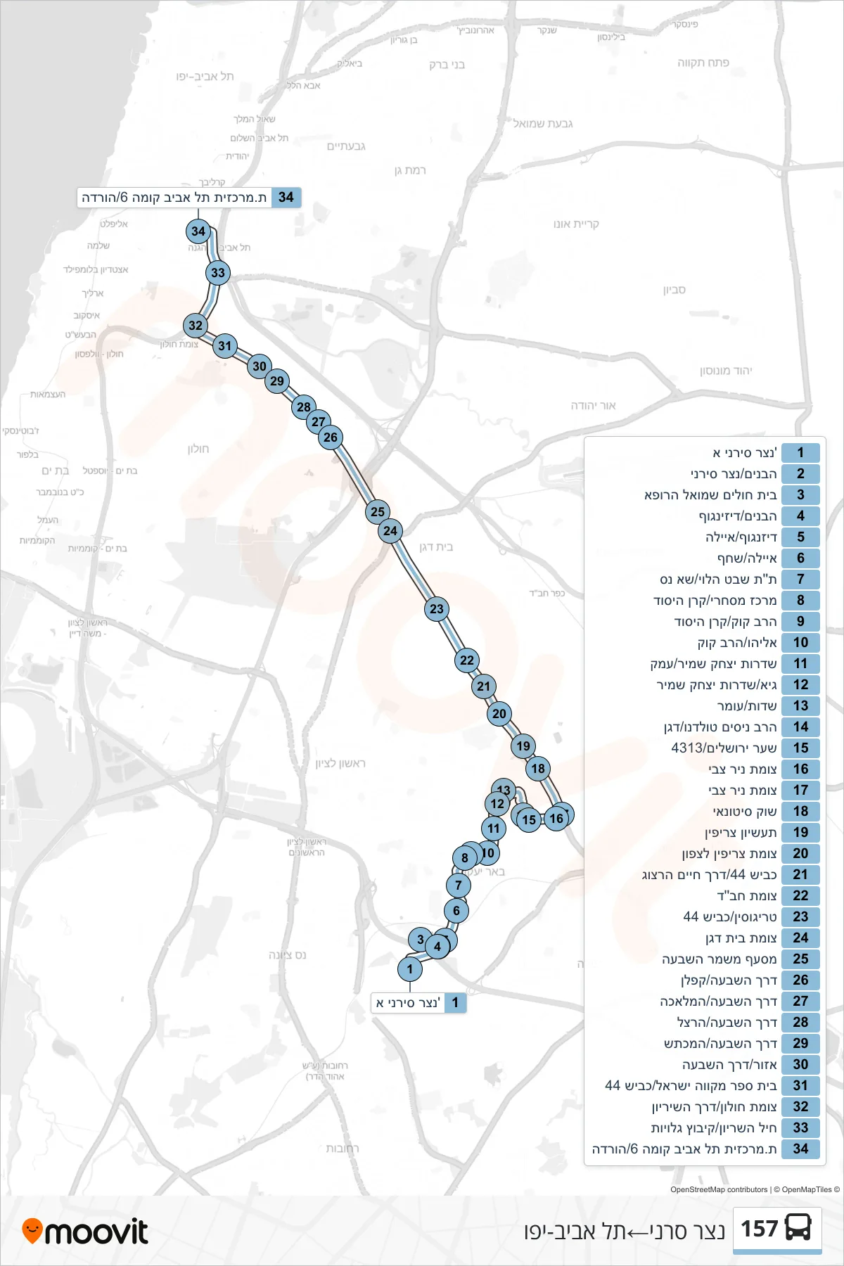 157 bus Line (Netzer Sereni→Tel Aviv-Yafo) route and stops on a map