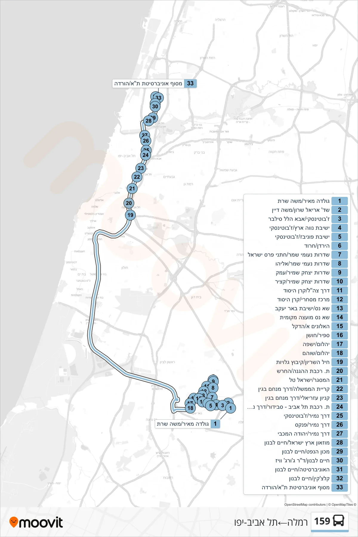 159 bus Line (Ramla‎→Tel Aviv-Yafo) route and stops on a map