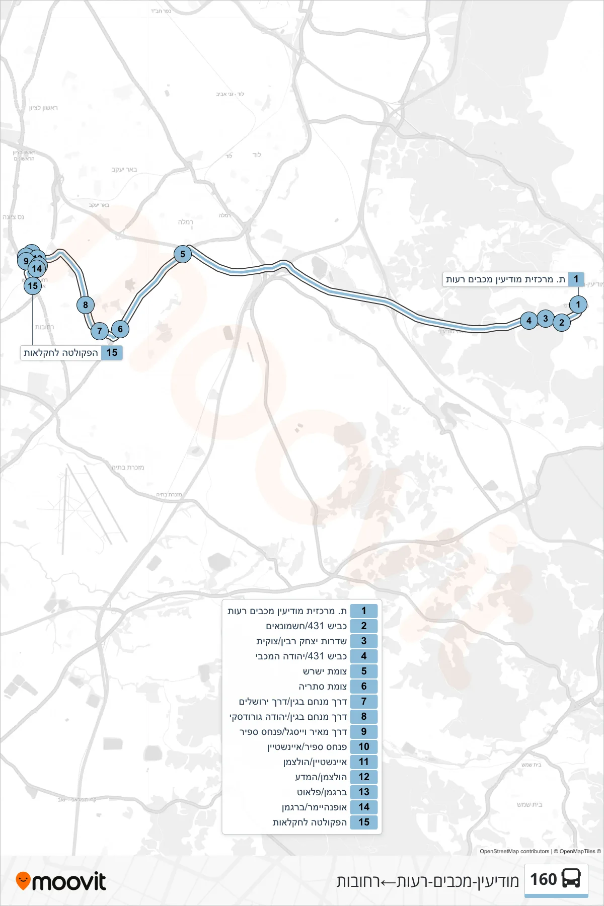 160 bus Line (Modi'in-Maccabim-Re'ut→Rehovot) route and stops on a map