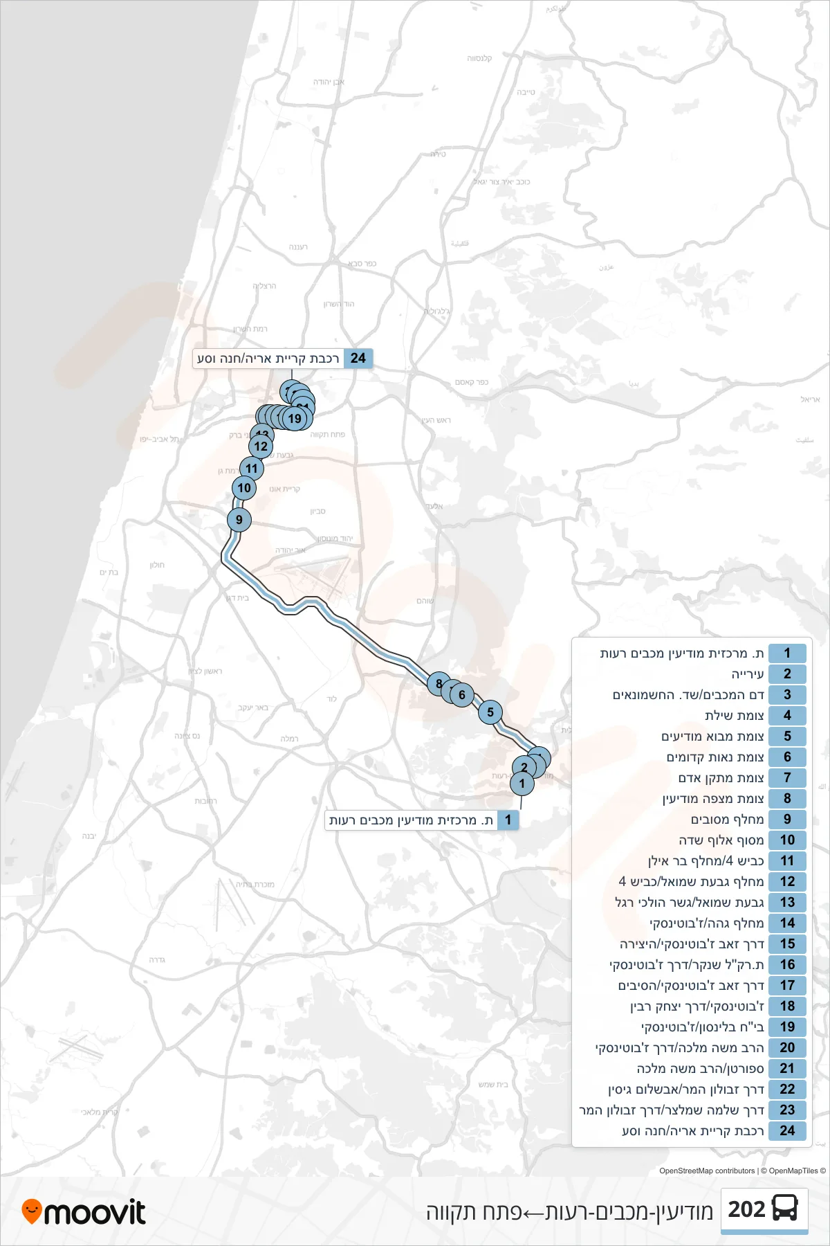 202 bus Line (Modi'in-Maccabim-Re'ut→Petah Tikva) route and stops on a map