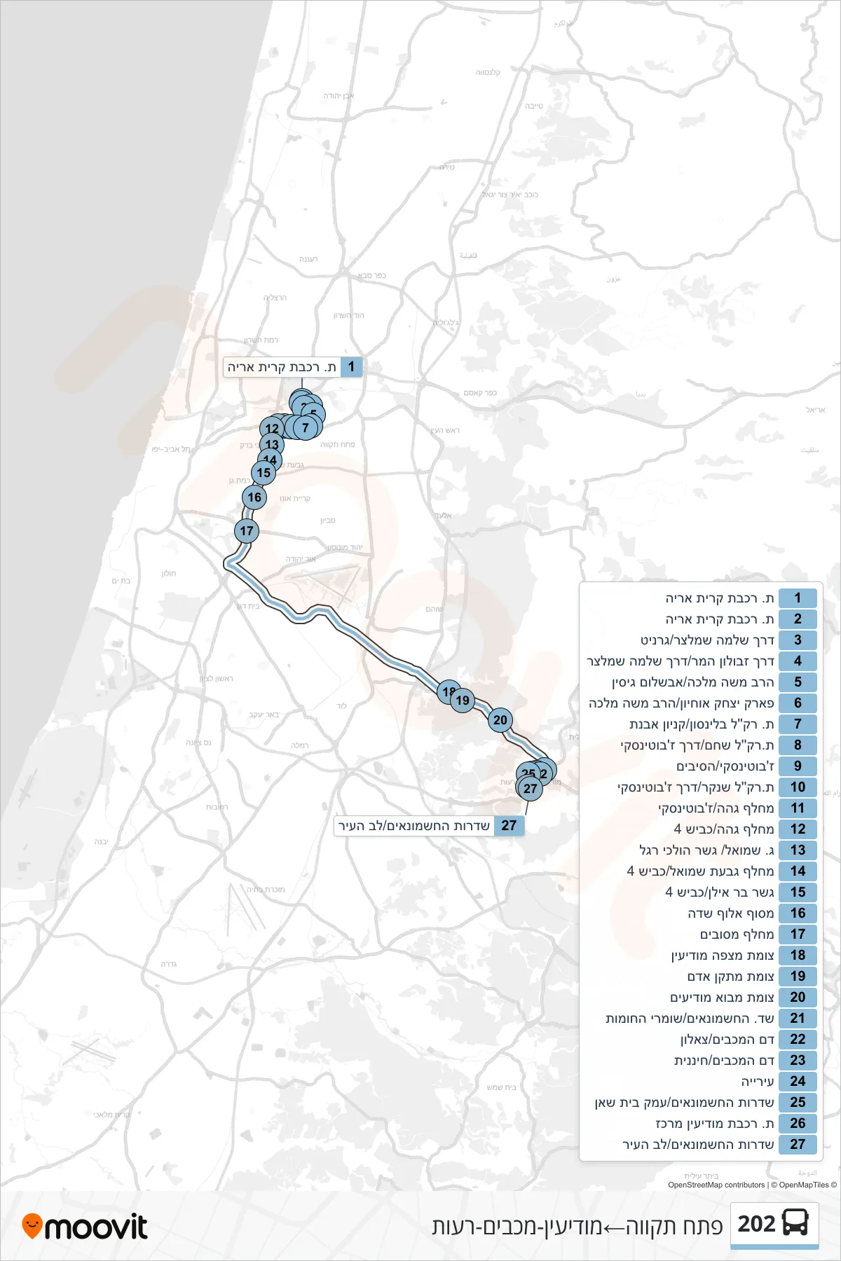 202 bus Line (Petah Tikva→Modi'in-Maccabim-Re'ut) route and stops on a map