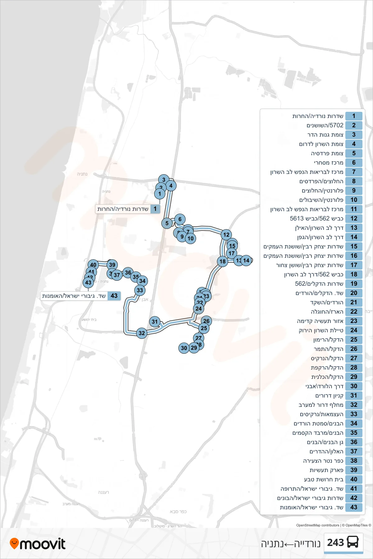 243 bus Line (Nordiya‎→Netanya) route and stops on a map