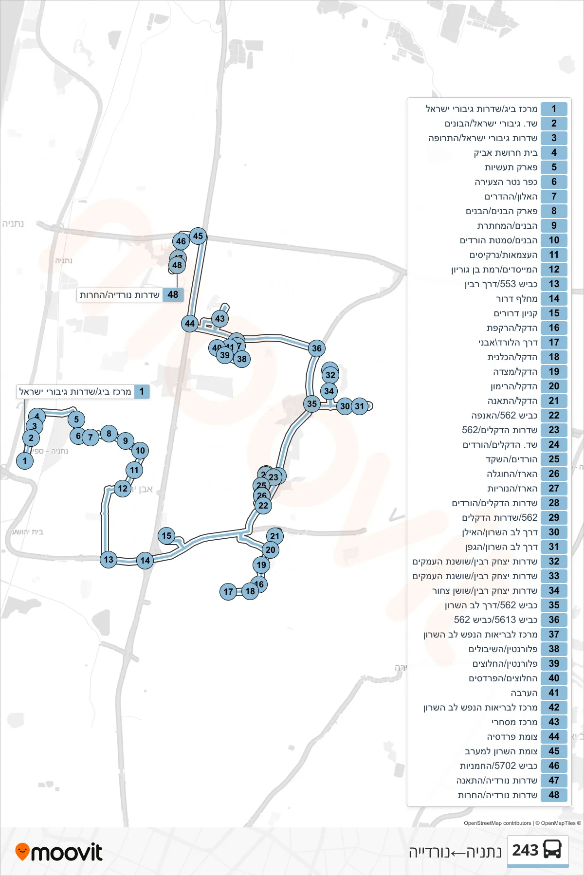 243  Line (Netanya‎→Nordiya) route and stops on a map