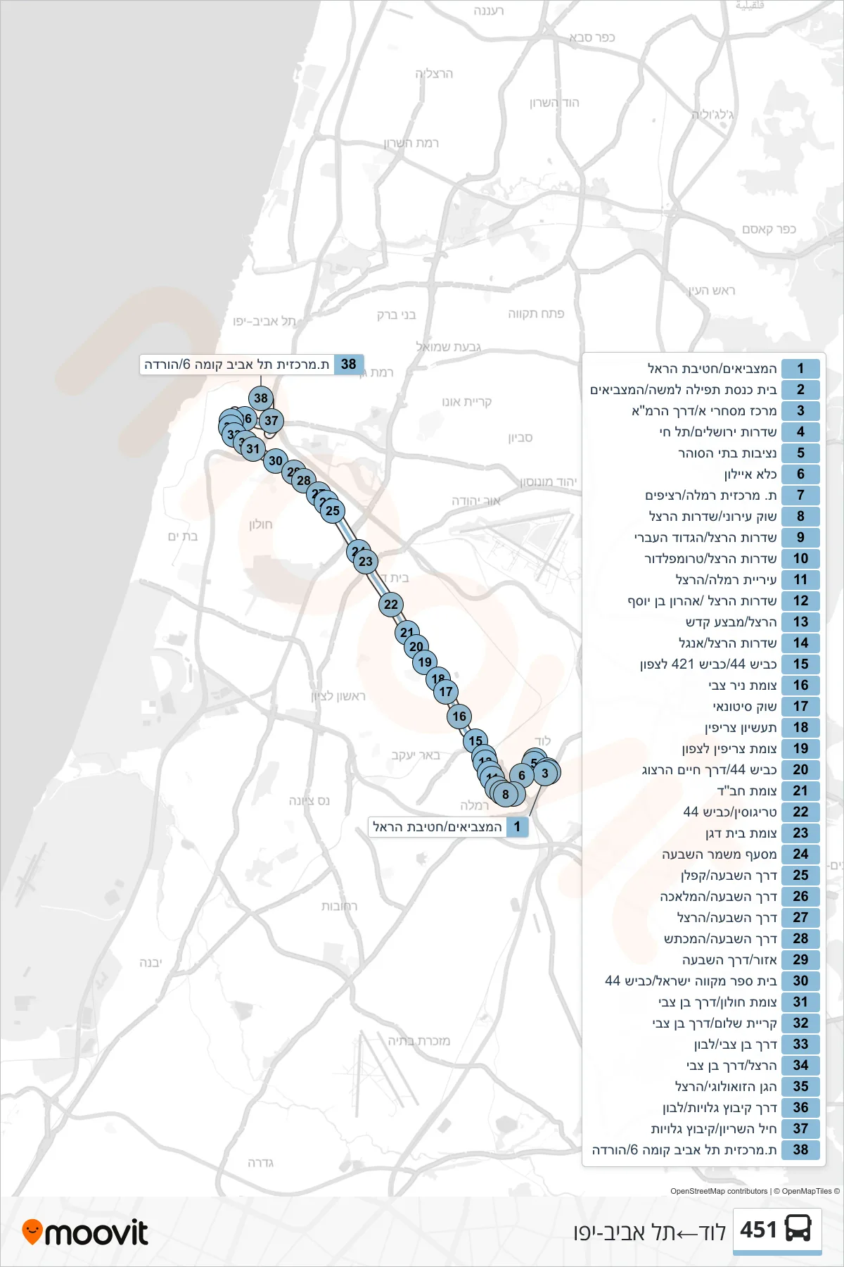 451 bus Line (Lod‎→Tel Aviv-Yafo) route and stops on a map