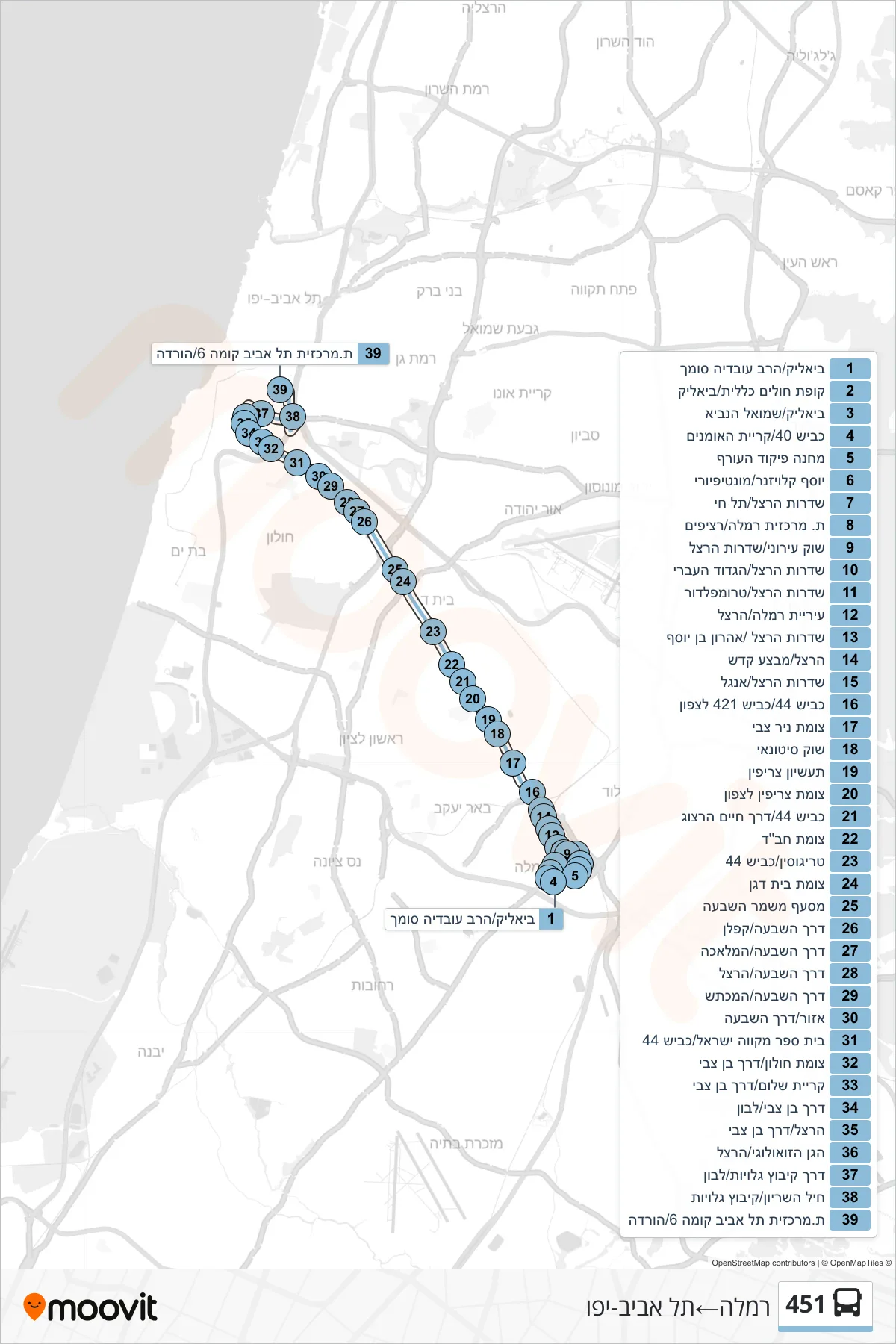451 bus Line (Ramla‎→Tel Aviv-Yafo) route and stops on a map