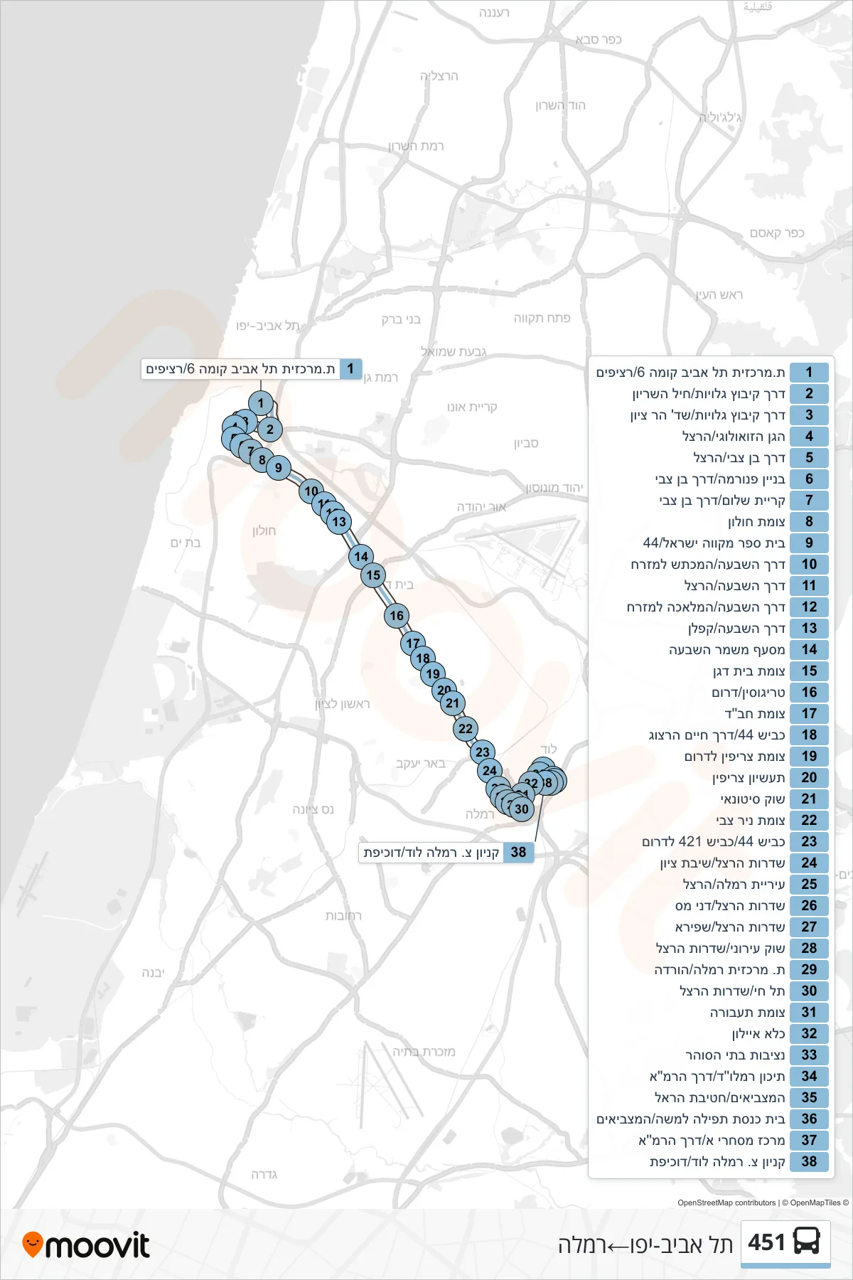 451 bus Line (Tel Aviv-Yafo‎→Ramla) route and stops on a map