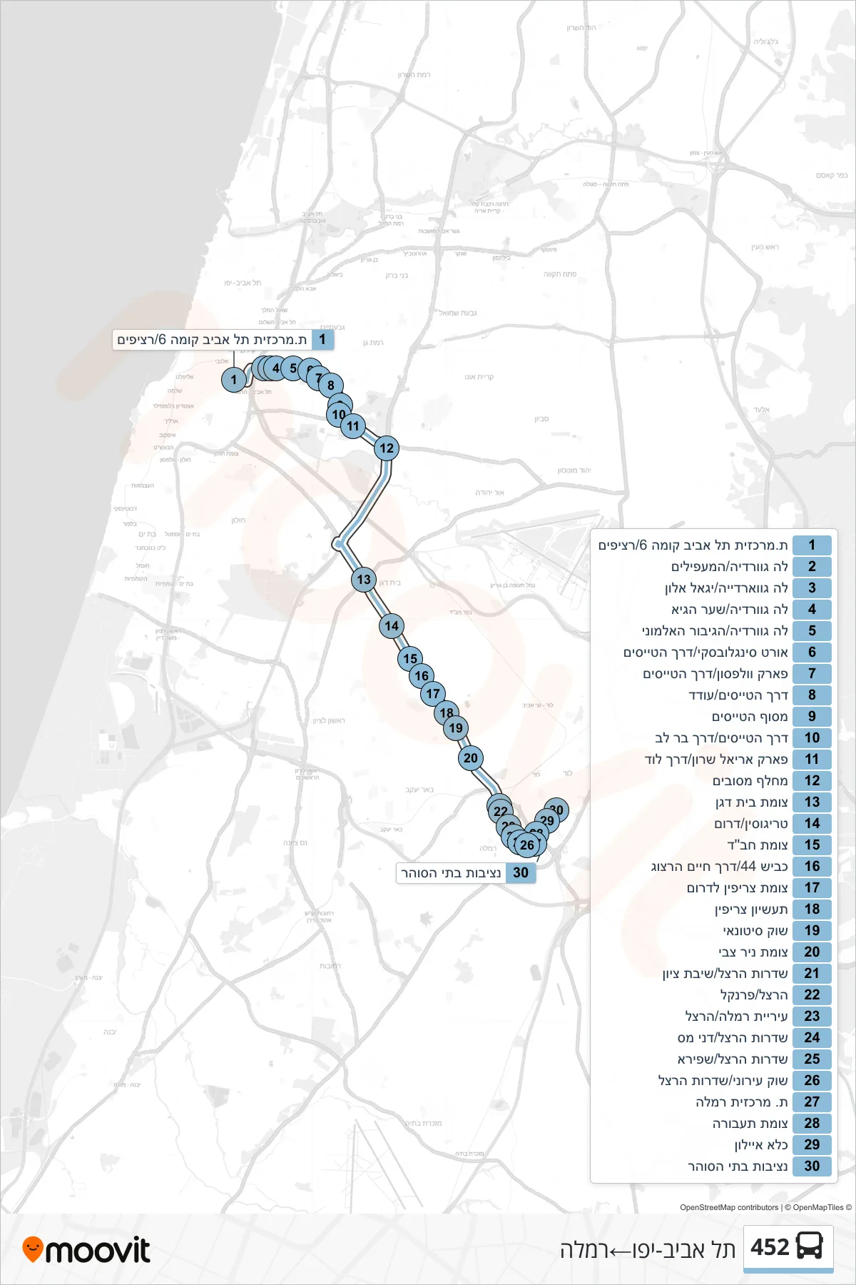 452  Line (Tel Aviv-Yafo‎→Ramla) route and stops on a map